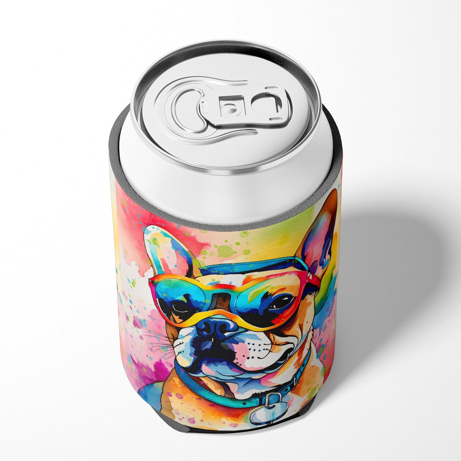 French Bulldog Hippie Dawg Can or Bottle Hugger Cooler Sleeve for Standard 12 oz Cans, Insulated Foam Beer & Soda Can Hugger Reusable