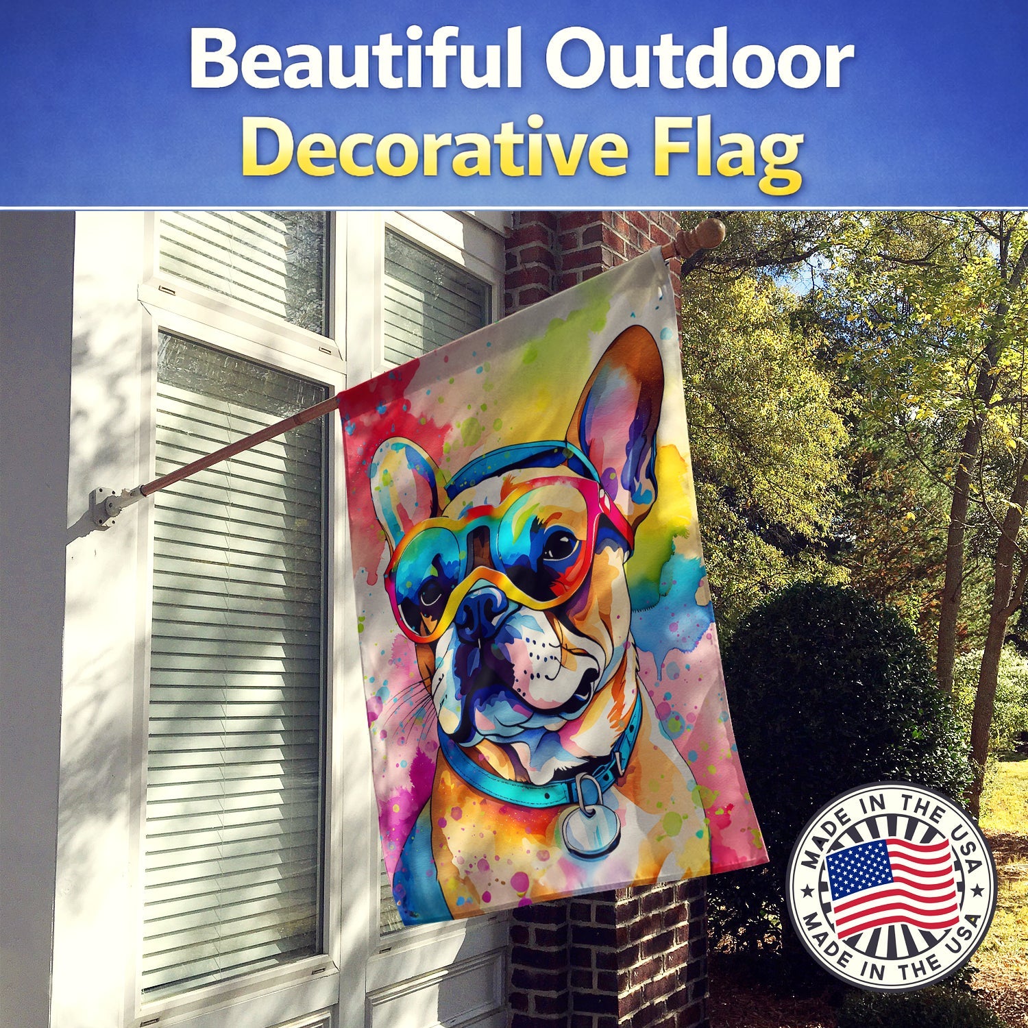 French Bulldog Hippie Dawg House Flag 28x40 Porch Sleeve Pole Decorative Outside Yard Banner Artwork Wall Hanging, Polyester