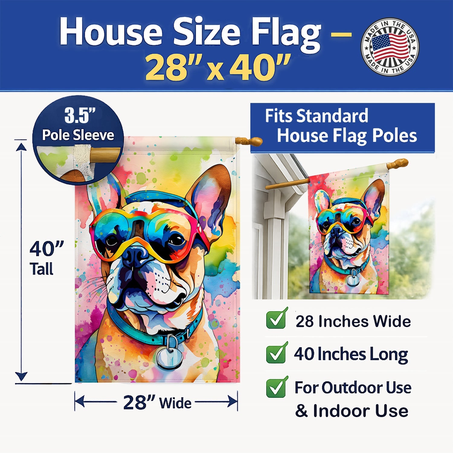 French Bulldog Hippie Dawg House Flag 28x40 Porch Sleeve Pole Decorative Outside Yard Banner Artwork Wall Hanging, Polyester