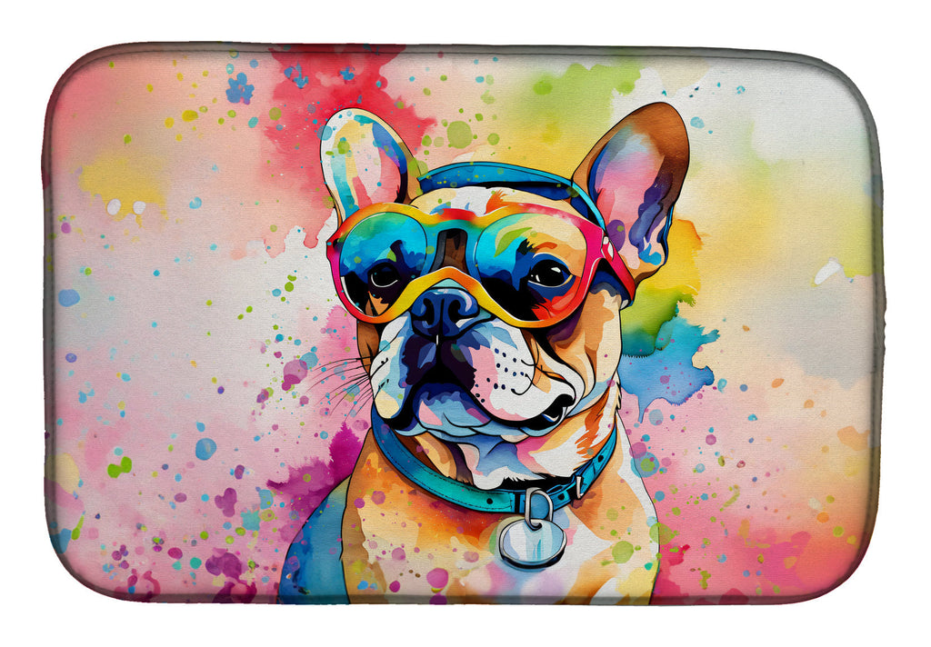 French Bulldog Hippie Dawg Dish Drying Mat Absorbent Dish Drying Mat Pad for Kitchen Counter Dish Drainer Mat for Countertop, 14 x 21", Multicolor