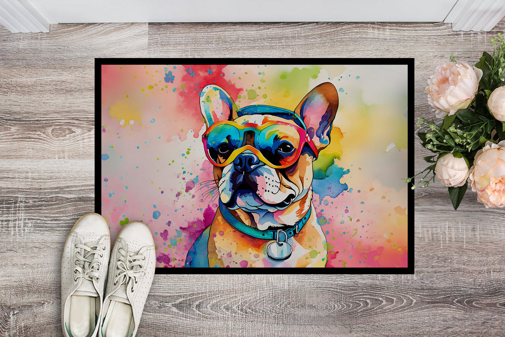 French Bulldog Hippie Dawg Doormat Indoor Outdoor 24H X 36W Front Door Mat Rugs for Entryway, Non Slip Washable Low Pile,