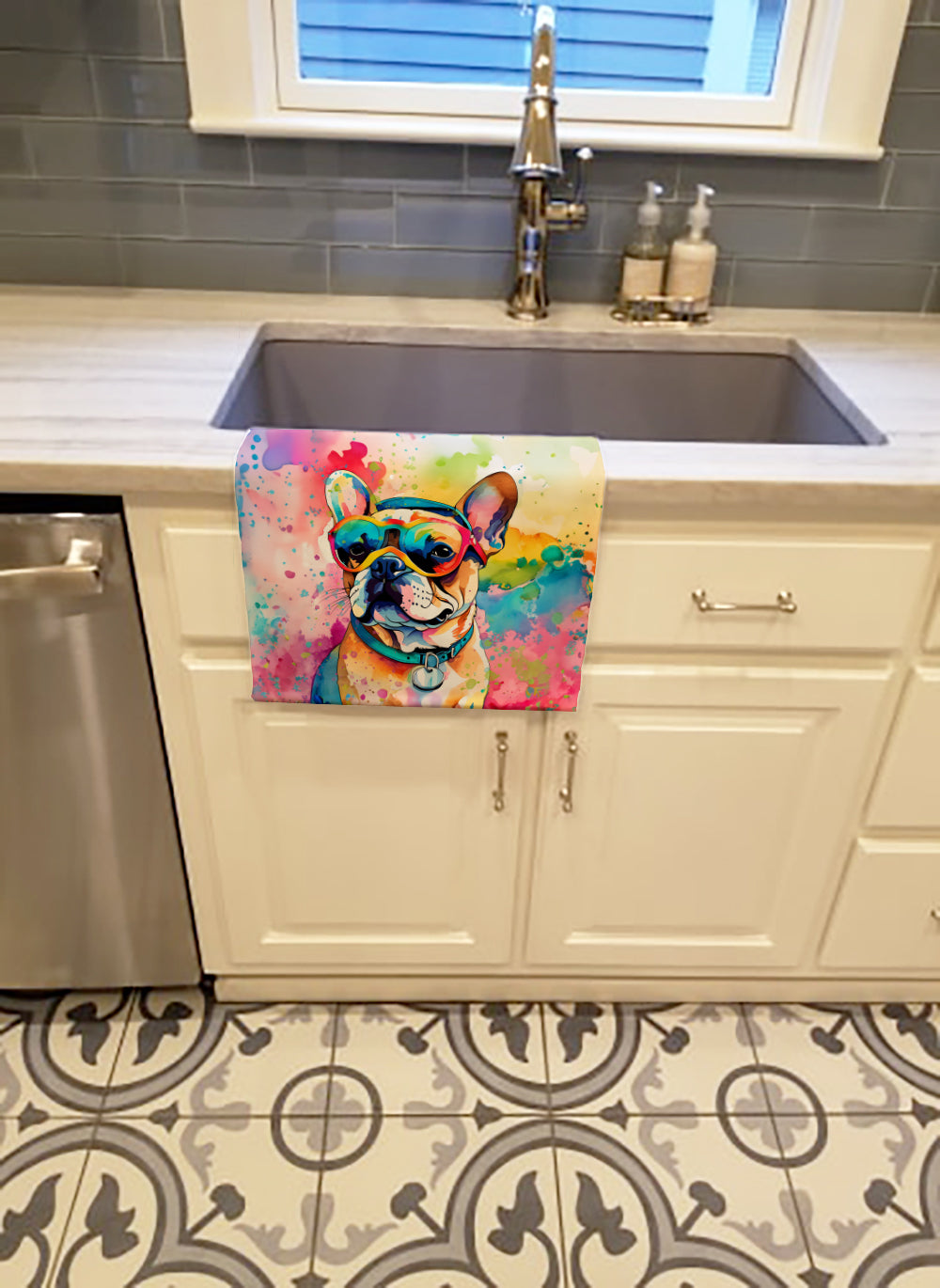 French Bulldog Hippie Dawg Kitchen Towel Velour Plush Front and Cotton Loop Back Machine Washable