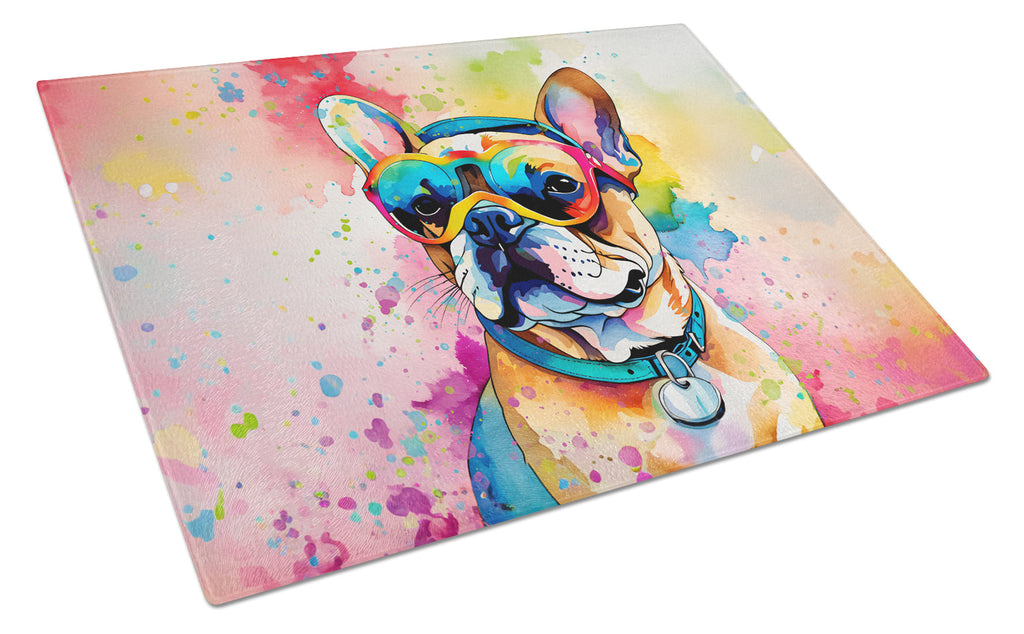 French Bulldog Hippie Dawg Cutting Board Tempered Glass Kitchen Cutting Surface, Heat Resistant Chopping, Non-Slip Feet, Food Prep & Serving