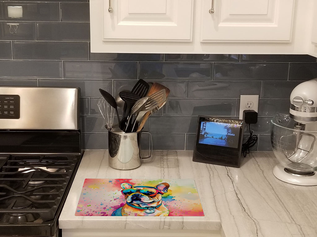 French Bulldog Hippie Dawg Cutting Board Tempered Glass Kitchen Cutting Surface, Heat Resistant Chopping, Non-Slip Feet, Food Prep & Serving