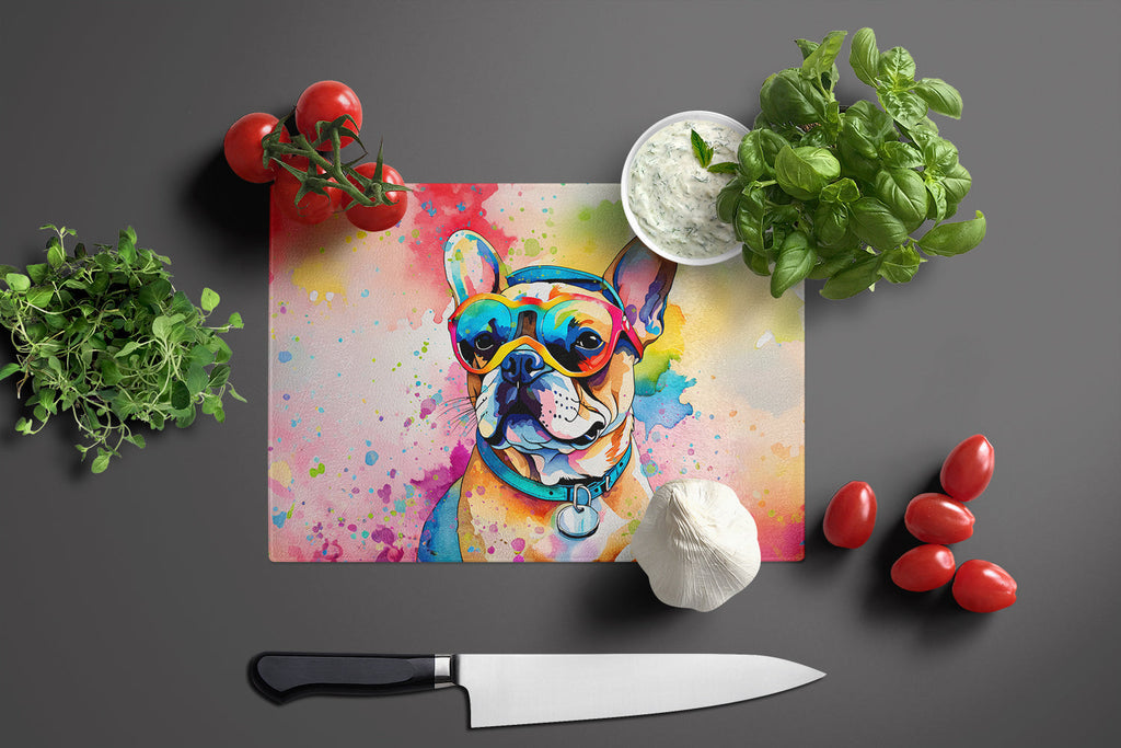 French Bulldog Hippie Dawg Cutting Board Tempered Glass Kitchen Cutting Surface, Heat Resistant Chopping, Non-Slip Feet, Food Prep & Serving