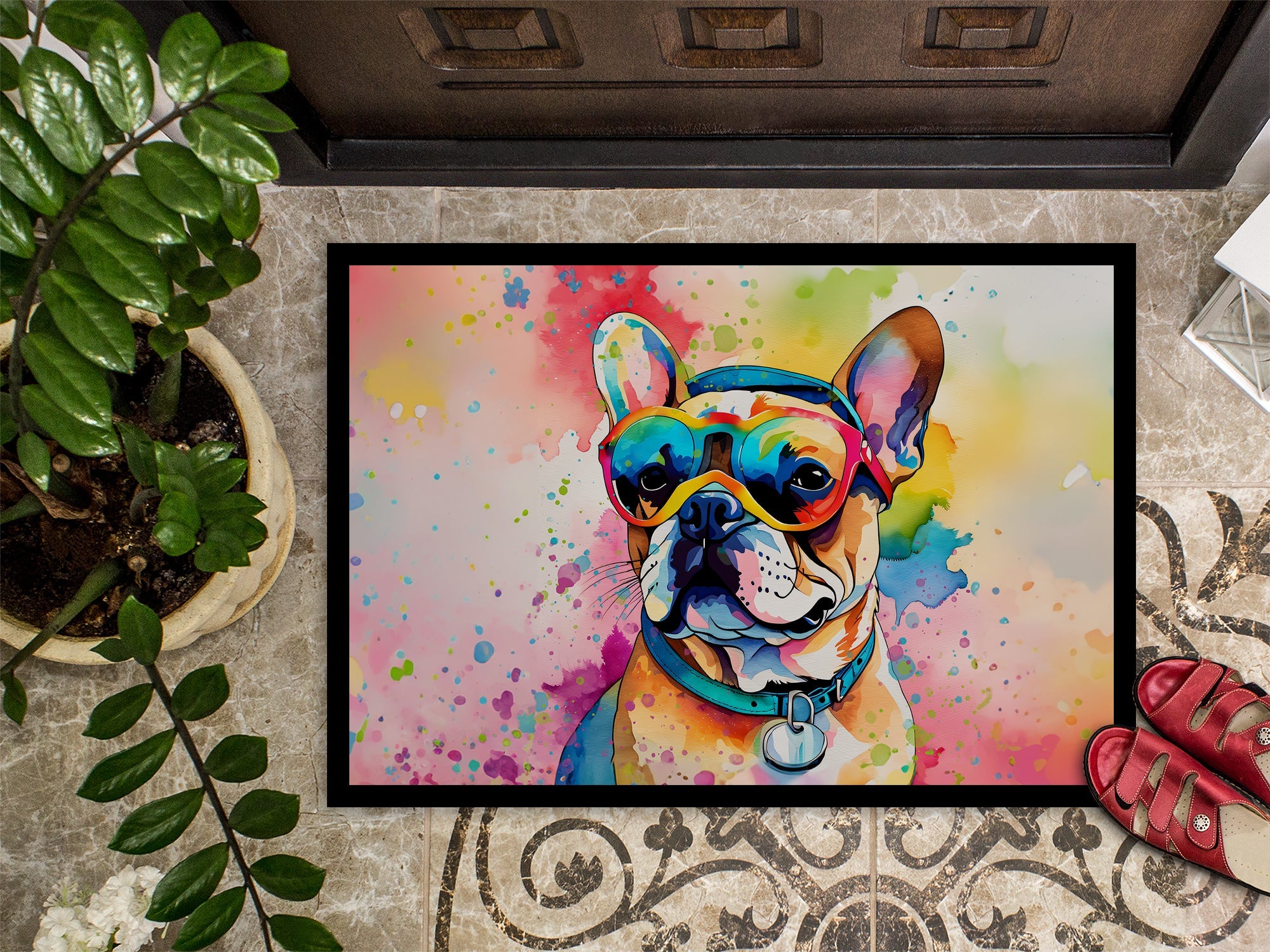 French Bulldog Hippie Dawg Doormat Indoor Outdoor 18H X 27W Front Door Mat Rugs for Entryway, Non Slip Washable