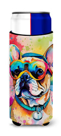 French Bulldog Hippie Dawg Slim Can Hugger , Insulated Foam Hugger for 12 oz Slim Cans, Beer Bottles & Water Bottles, Printed in USA