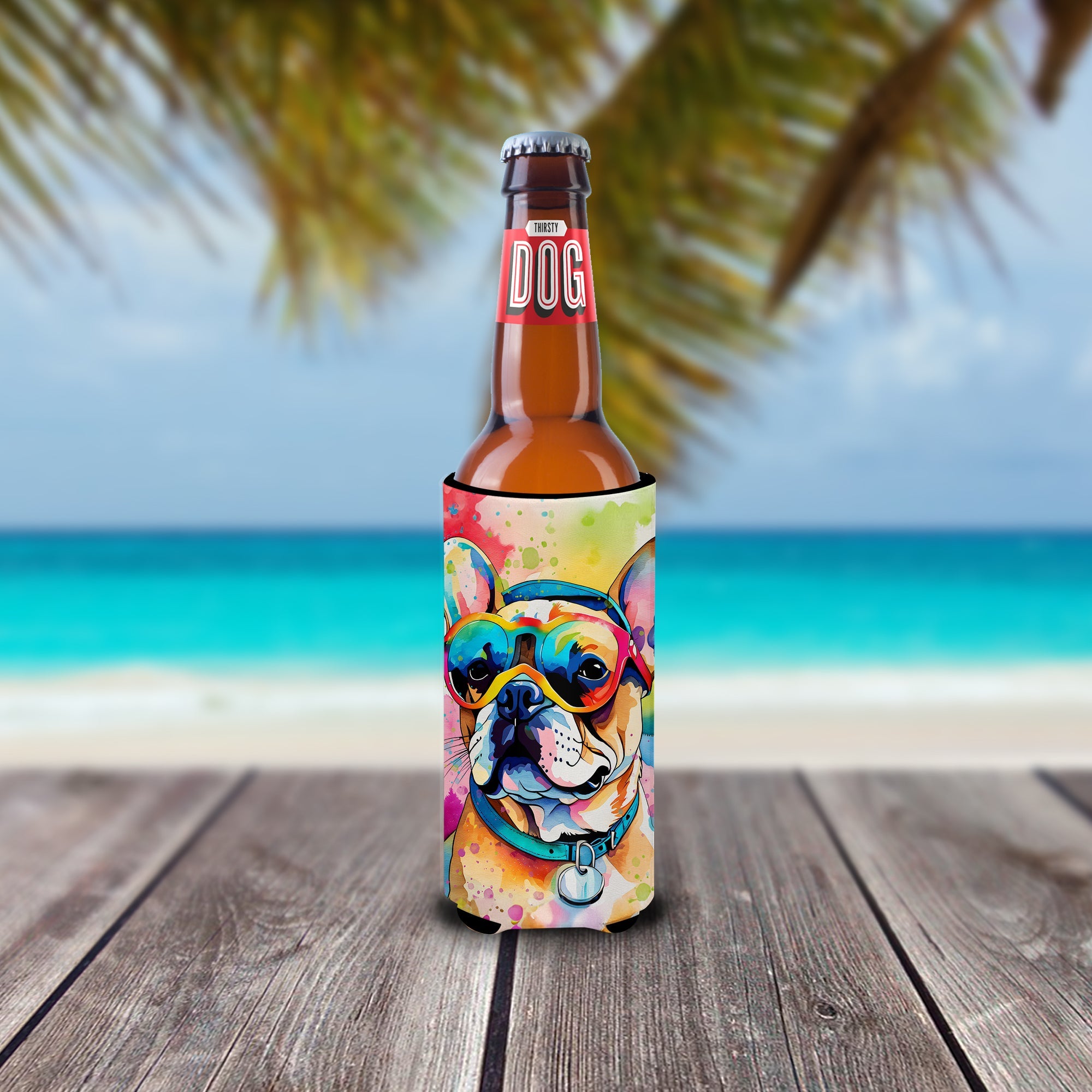 French Bulldog Hippie Dawg Slim Can Hugger , Insulated Foam Hugger for 12 oz Slim Cans, Beer Bottles & Water Bottles, Printed in USA