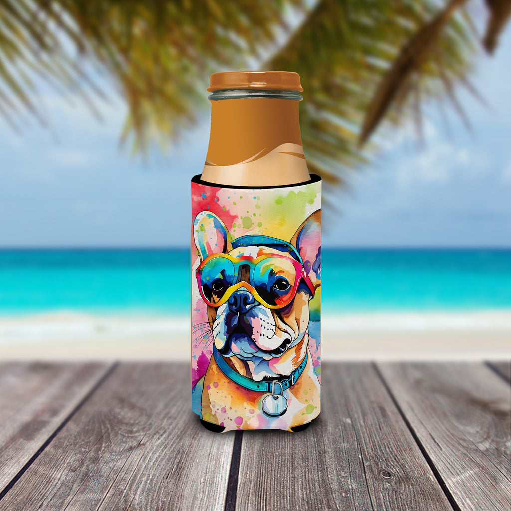French Bulldog Hippie Dawg Slim Can Hugger , Insulated Foam Hugger for 12 oz Slim Cans, Beer Bottles & Water Bottles, Printed in USA