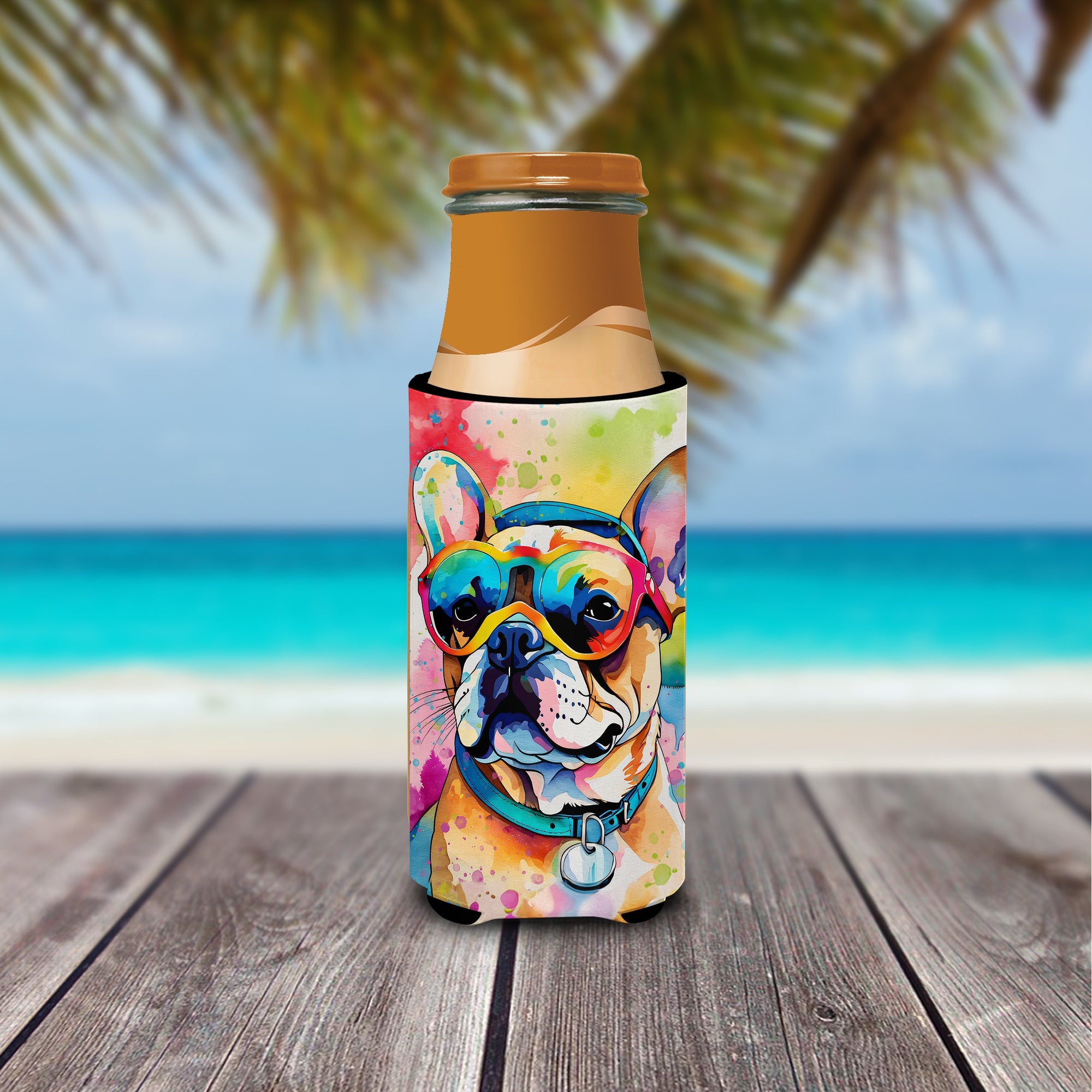 French Bulldog Hippie Dawg Slim Can Hugger , Insulated Foam Hugger for 12 oz Slim Cans, Beer Bottles & Water Bottles, Printed in USA