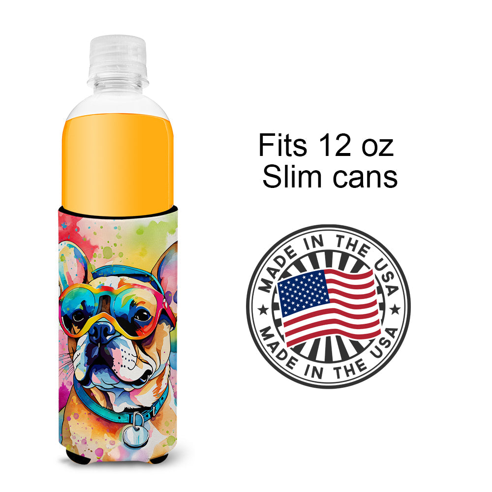 French Bulldog Hippie Dawg Slim Can Hugger , Insulated Foam Hugger for 12 oz Slim Cans, Beer Bottles & Water Bottles, Printed in USA