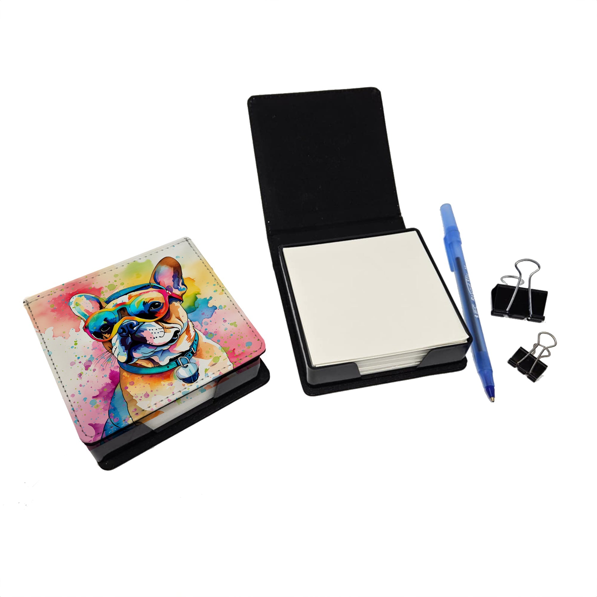 French Bulldog Hippie Dawg PU Leather Note Paper Holder with Artist-Designed Cover, Desk Accessory, Office Gift