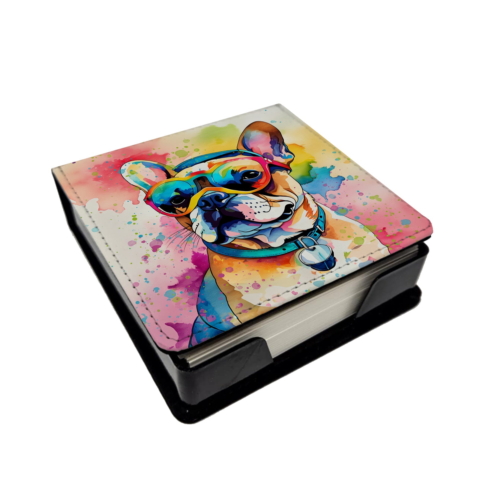 French Bulldog Hippie Dawg PU Leather Note Paper Holder with Artist-Designed Cover, Desk Accessory, Office Gift