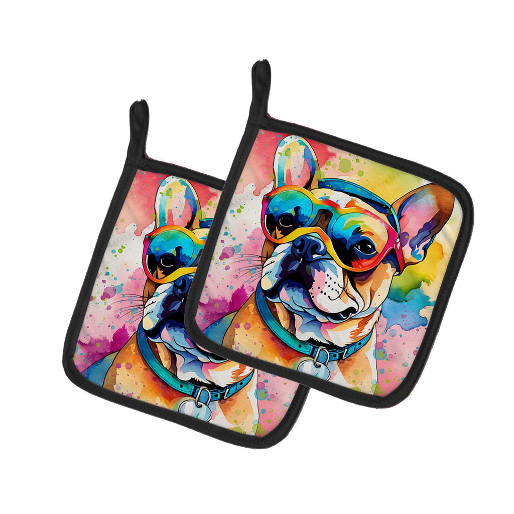 French Bulldog Hippie Dawg Pot Holder Set of 2 Heat Resistant Quilted Hot Pads 7.5 x 7.5 Inch, Insulated Kitchen Trivets for Cooking & Baking