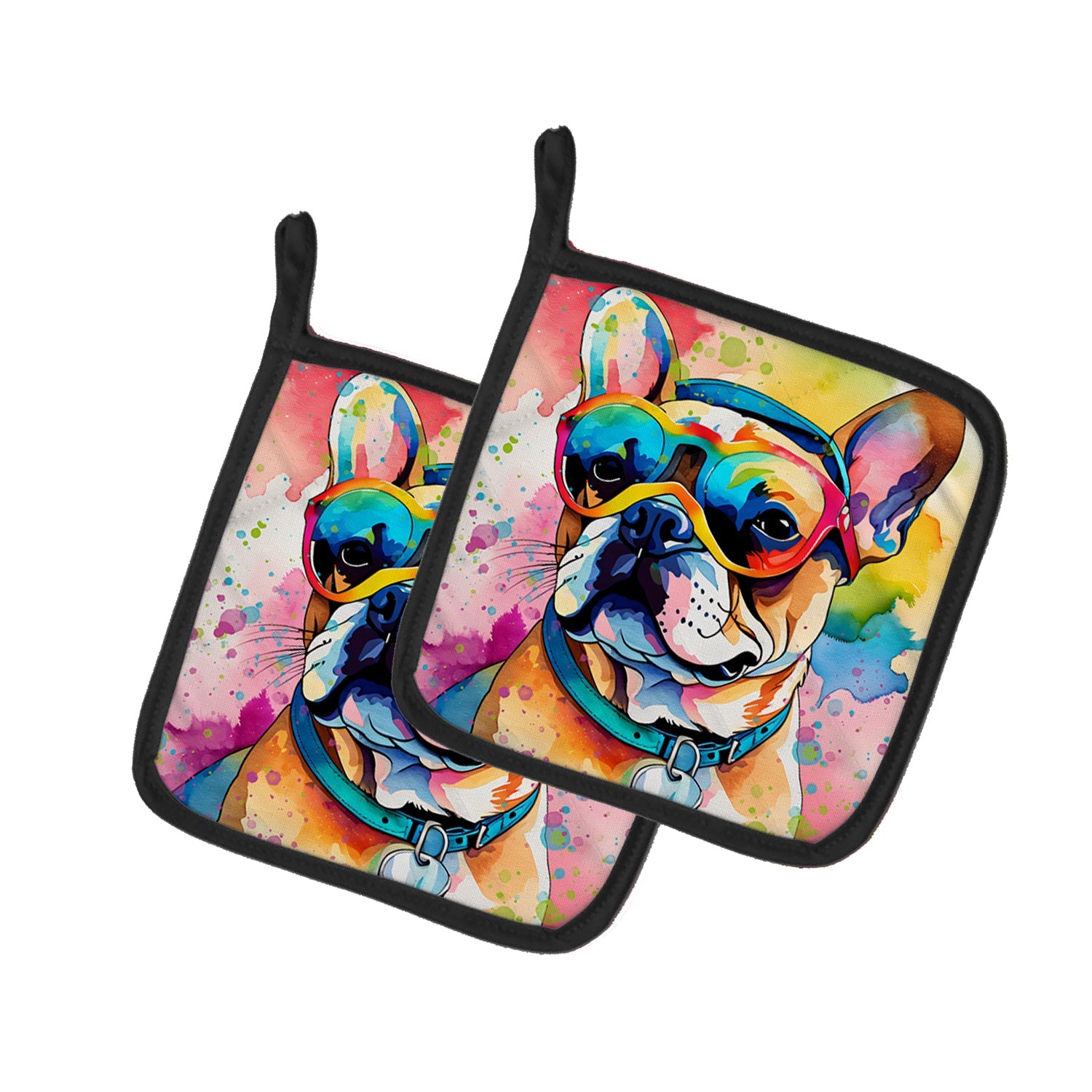 French Bulldog Hippie Dawg Pot Holder Set of 2 Heat Resistant Quilted Hot Pads 7.5 x 7.5 Inch, Insulated Kitchen Trivets for Cooking & Baking