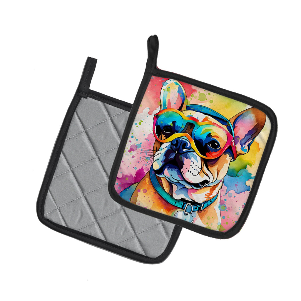 French Bulldog Hippie Dawg Pot Holder Set of 2 Heat Resistant Quilted Hot Pads 7.5 x 7.5 Inch, Insulated Kitchen Trivets for Cooking & Baking