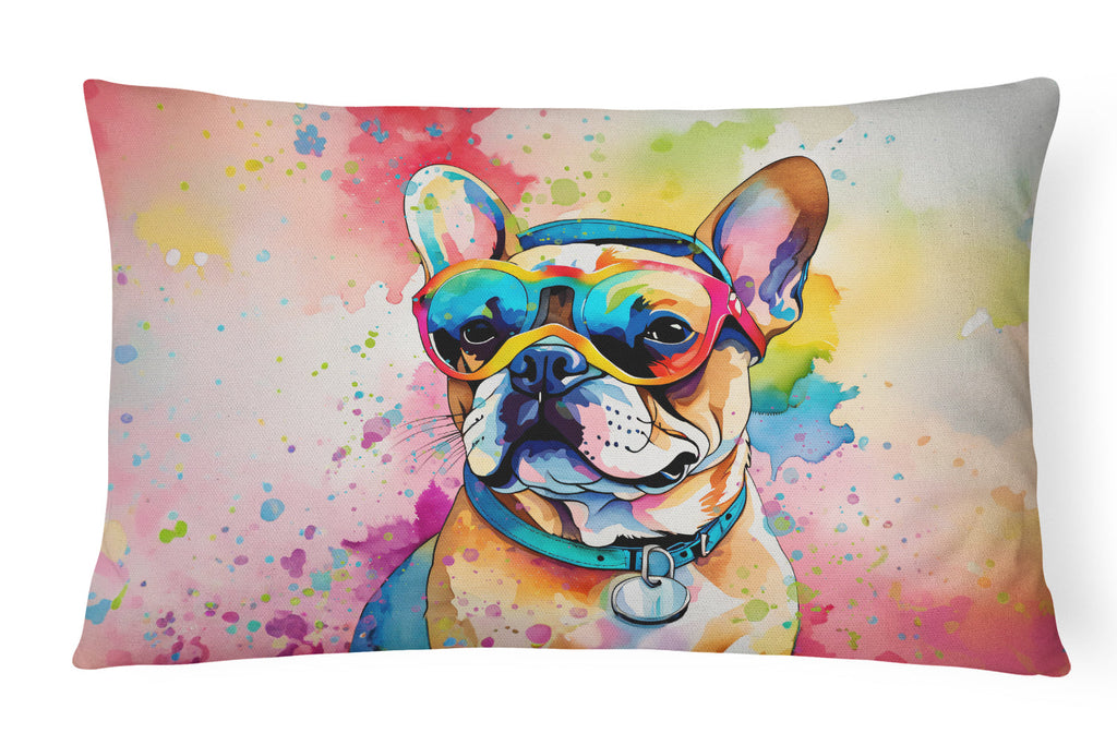 French Bulldog Hippie Dawg Decorative Throw Pillow 12x16 Indoor Outdoor Accent Cushion, Fabric Cover with Insert for Sofa, Bed, Porch & Living Room