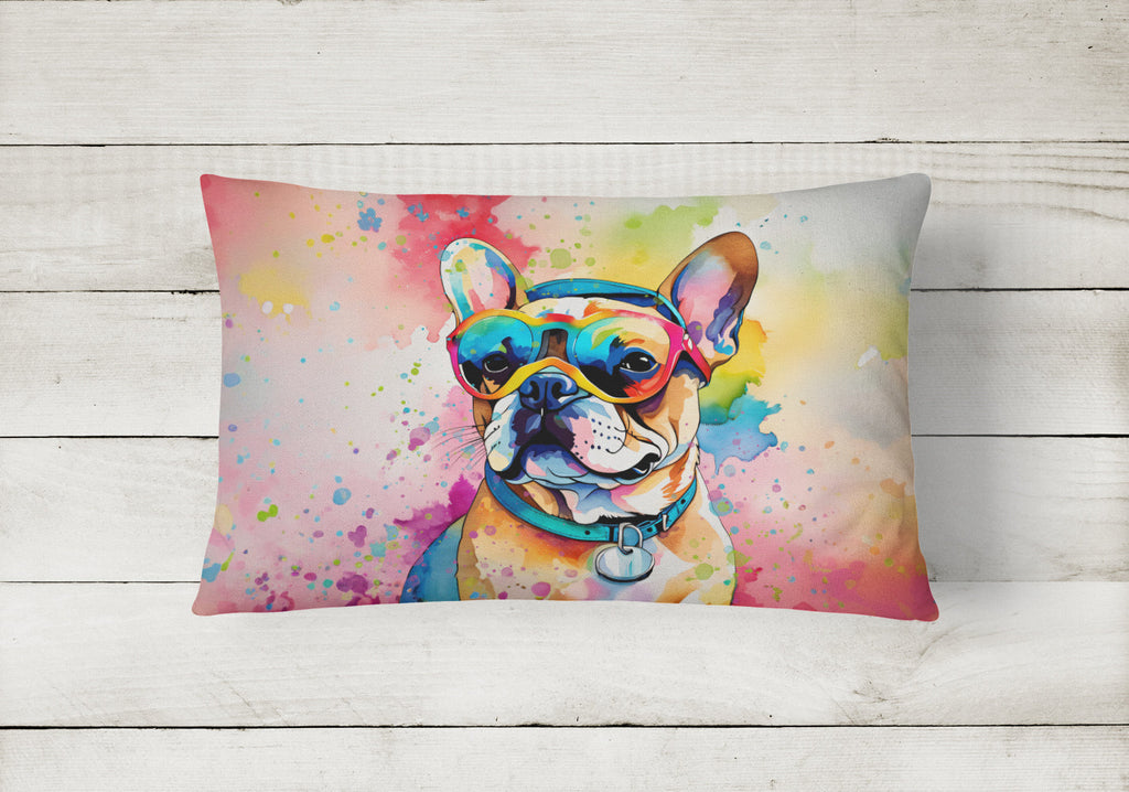 French Bulldog Hippie Dawg Decorative Throw Pillow 12x16 Indoor Outdoor Accent Cushion, Fabric Cover with Insert for Sofa, Bed, Porch & Living Room