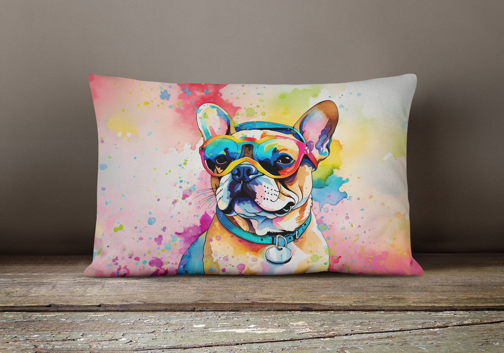 French Bulldog Hippie Dawg Decorative Throw Pillow 12x16 Indoor Outdoor Accent Cushion, Fabric Cover with Insert for Sofa, Bed, Porch & Living Room