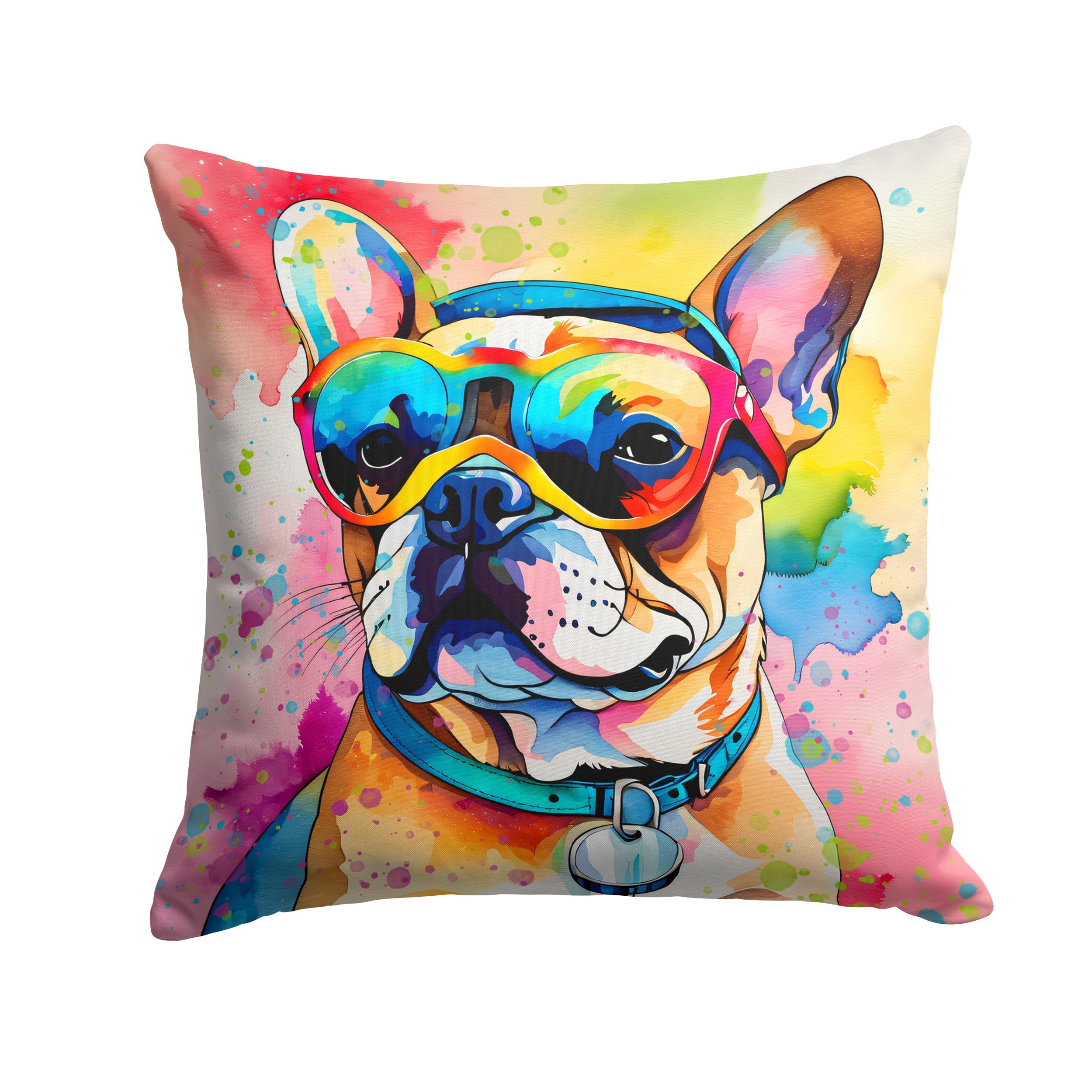 French Bulldog Hippie Dawg Decorative Throw Pillow 14x14 Indoor Outdoor Accent Cushion, Fabric Cover with Insert for Sofa, Bed, Porch & Living Room