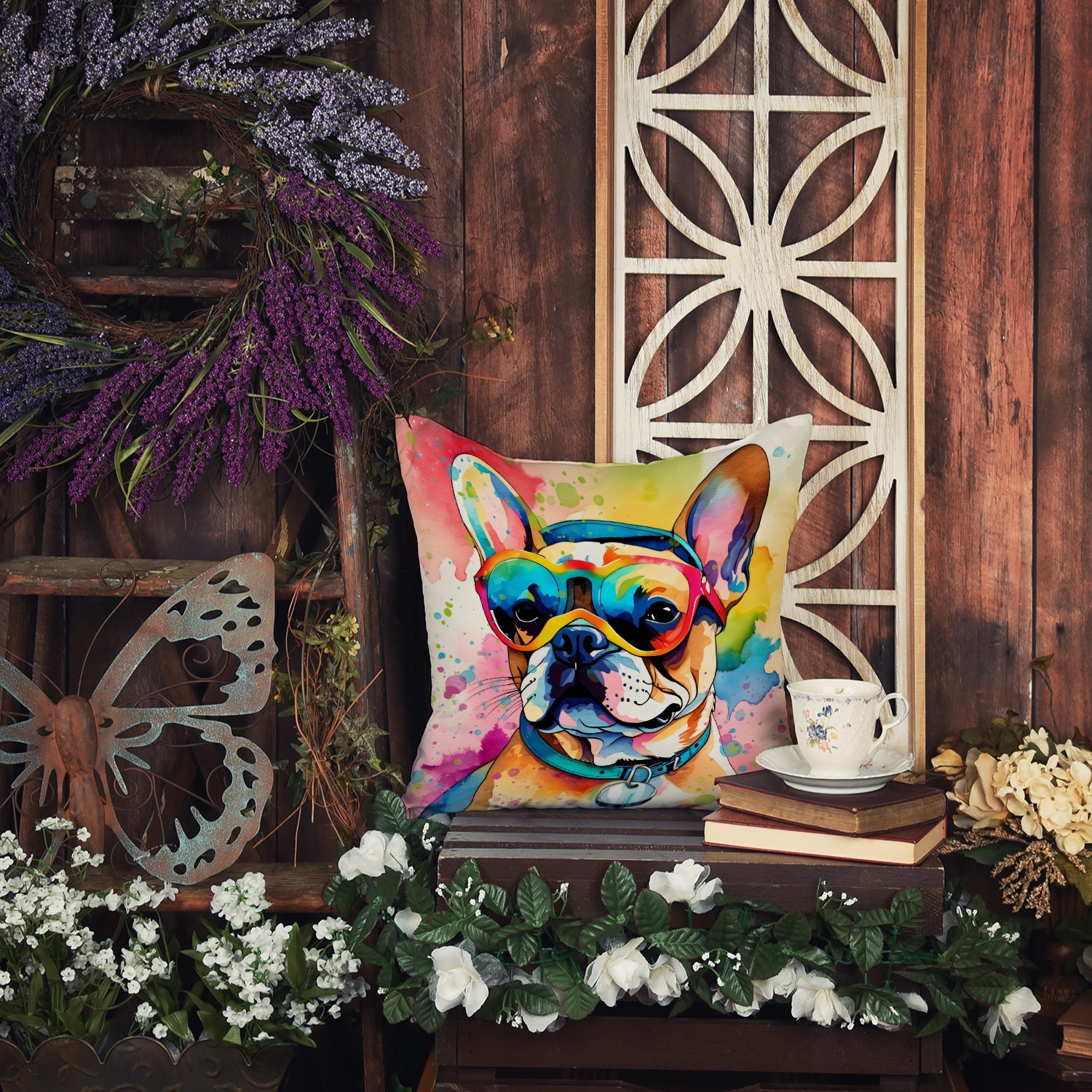 French Bulldog Hippie Dawg Decorative Throw Pillow 14x14 Indoor Outdoor Accent Cushion, Fabric Cover with Insert for Sofa, Bed, Porch & Living Room