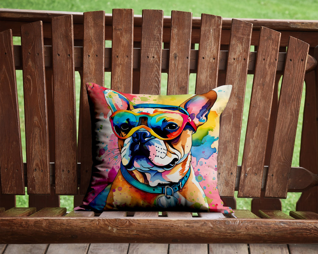 French Bulldog Hippie Dawg Decorative Throw Pillow 14x14 Indoor Outdoor Accent Cushion, Fabric Cover with Insert for Sofa, Bed, Porch & Living Room