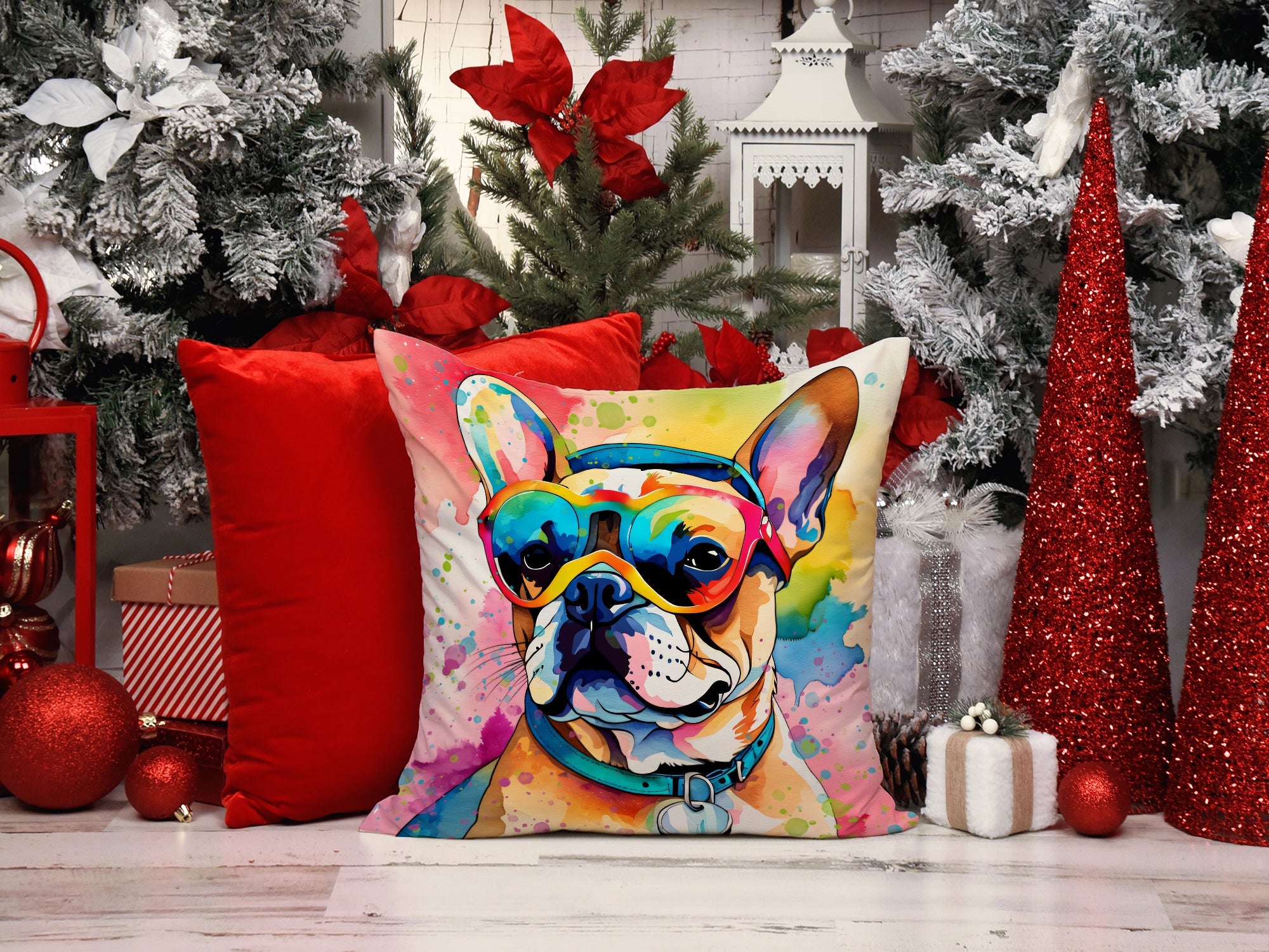 French Bulldog Hippie Dawg Decorative Throw Pillow 18x18 Indoor Outdoor Accent Cushion, Fabric Cover with Insert for Sofa, Bed, Porch & Living Room