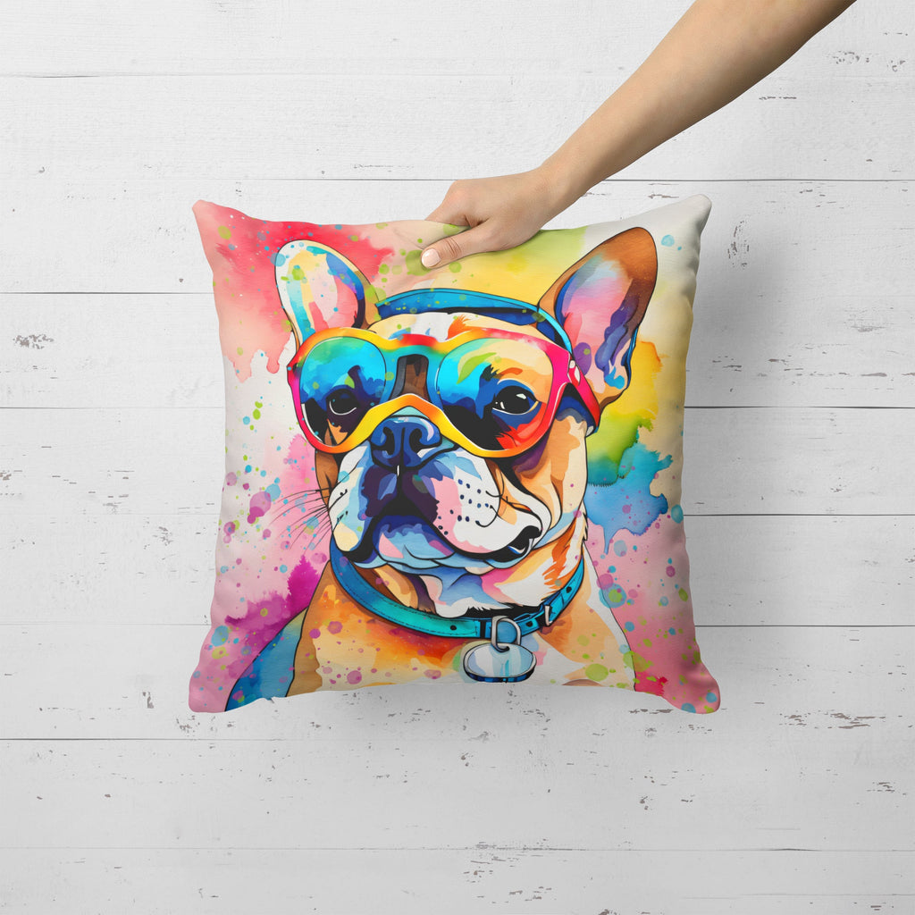 French Bulldog Hippie Dawg Decorative Throw Pillow 18x18 Indoor Outdoor Accent Cushion, Fabric Cover with Insert for Sofa, Bed, Porch & Living Room
