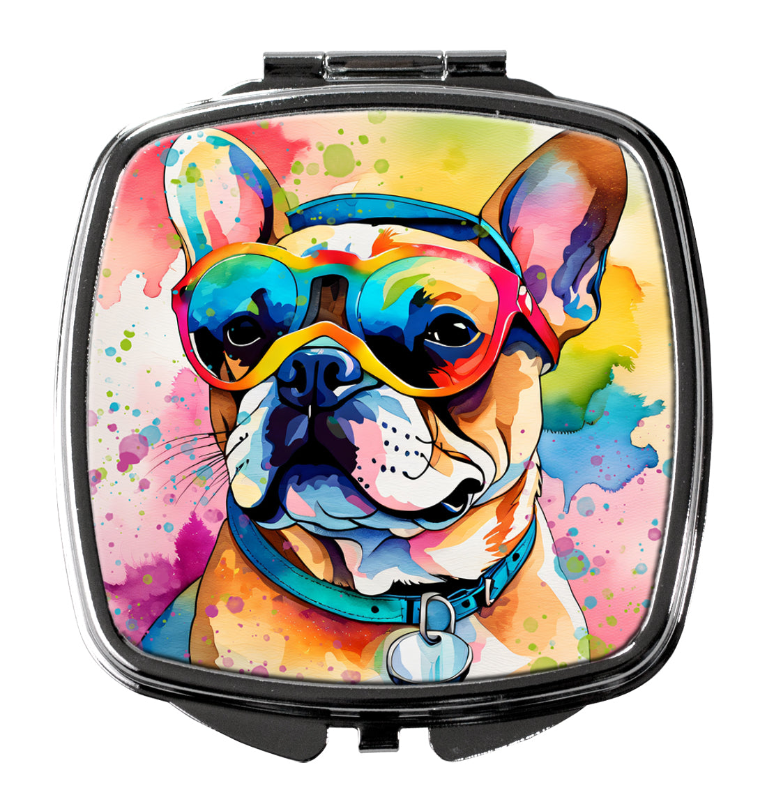 French Bulldog Hippie Dawg Compact Mirror Decorative Travel Makeup Mirror for Women Girls Gifts Pocket Makeup Mirror Folding Handheld