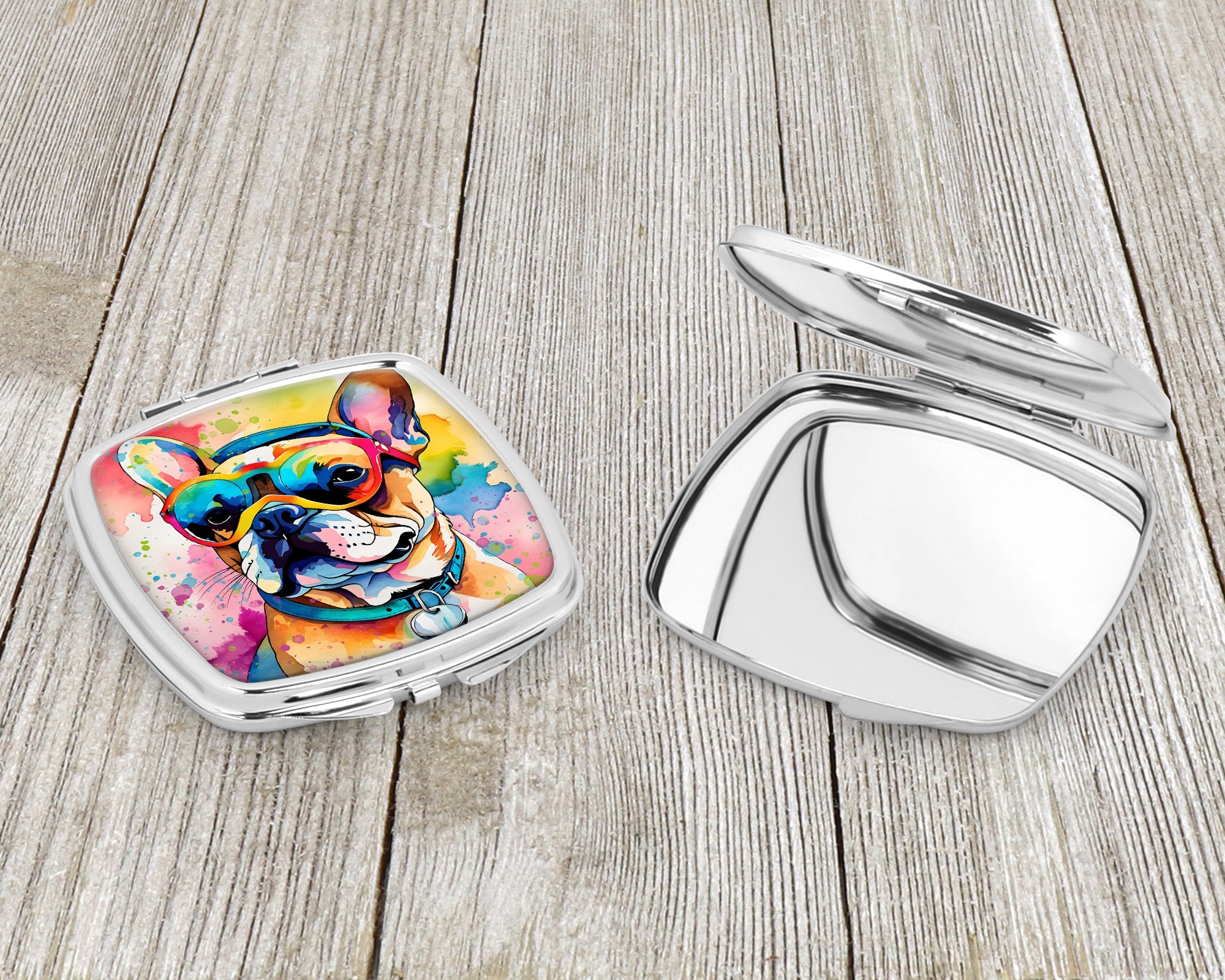 French Bulldog Hippie Dawg Compact Mirror Decorative Travel Makeup Mirror for Women Girls Gifts Pocket Makeup Mirror Folding Handheld