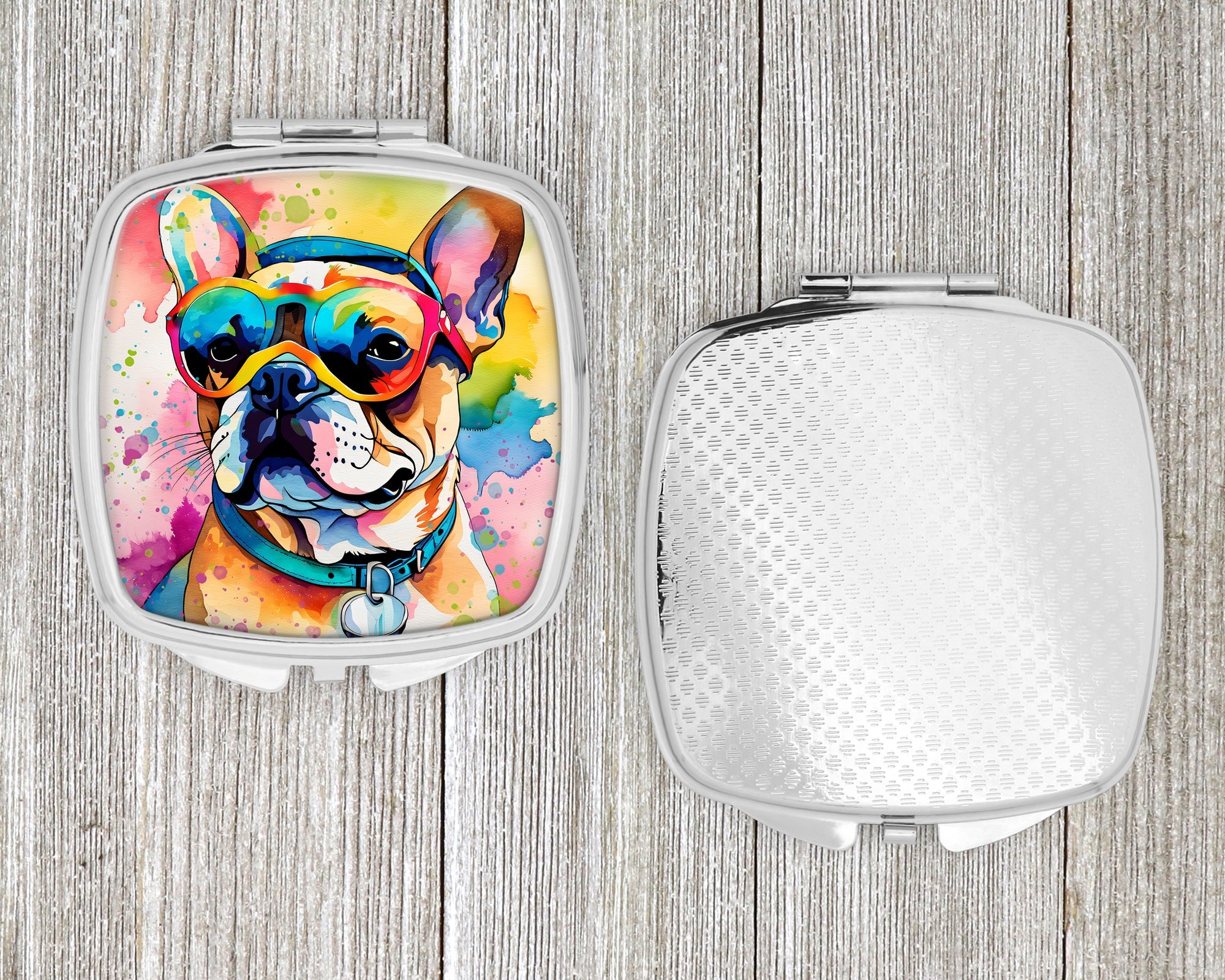 French Bulldog Hippie Dawg Compact Mirror Decorative Travel Makeup Mirror for Women Girls Gifts Pocket Makeup Mirror Folding Handheld