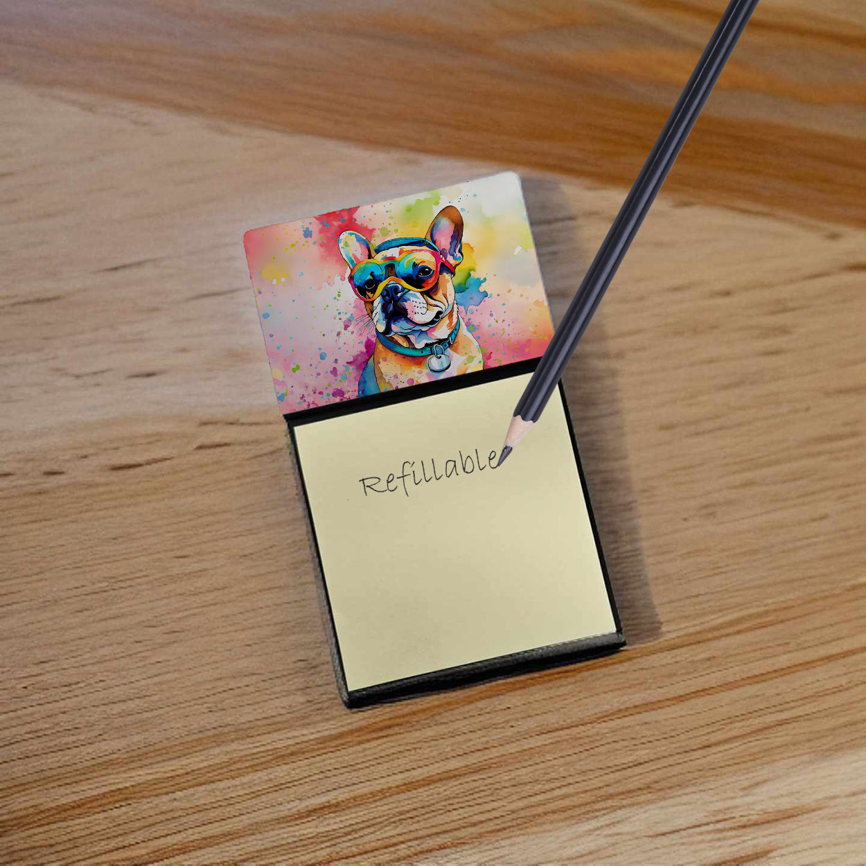 French Bulldog Hippie Dawg Watercolor Sticky Note Holder Refillable Dispenser Desk Accessory 3x3 Pad Gift
