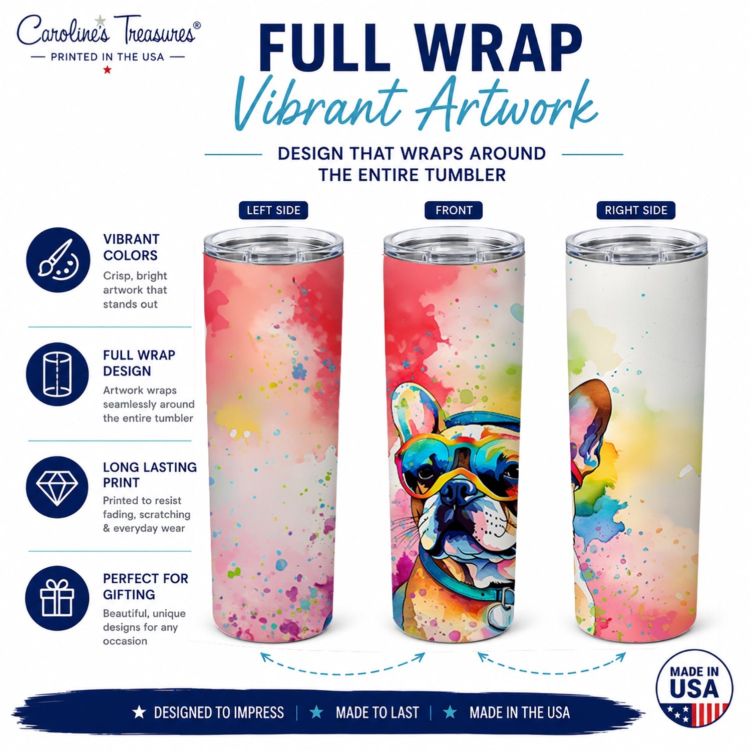 French Bulldog Hippie Dawg Stainless Steel Skinny Tumbler 20 oz Vacuum Double Walled Reusable Insulated Travel Cup