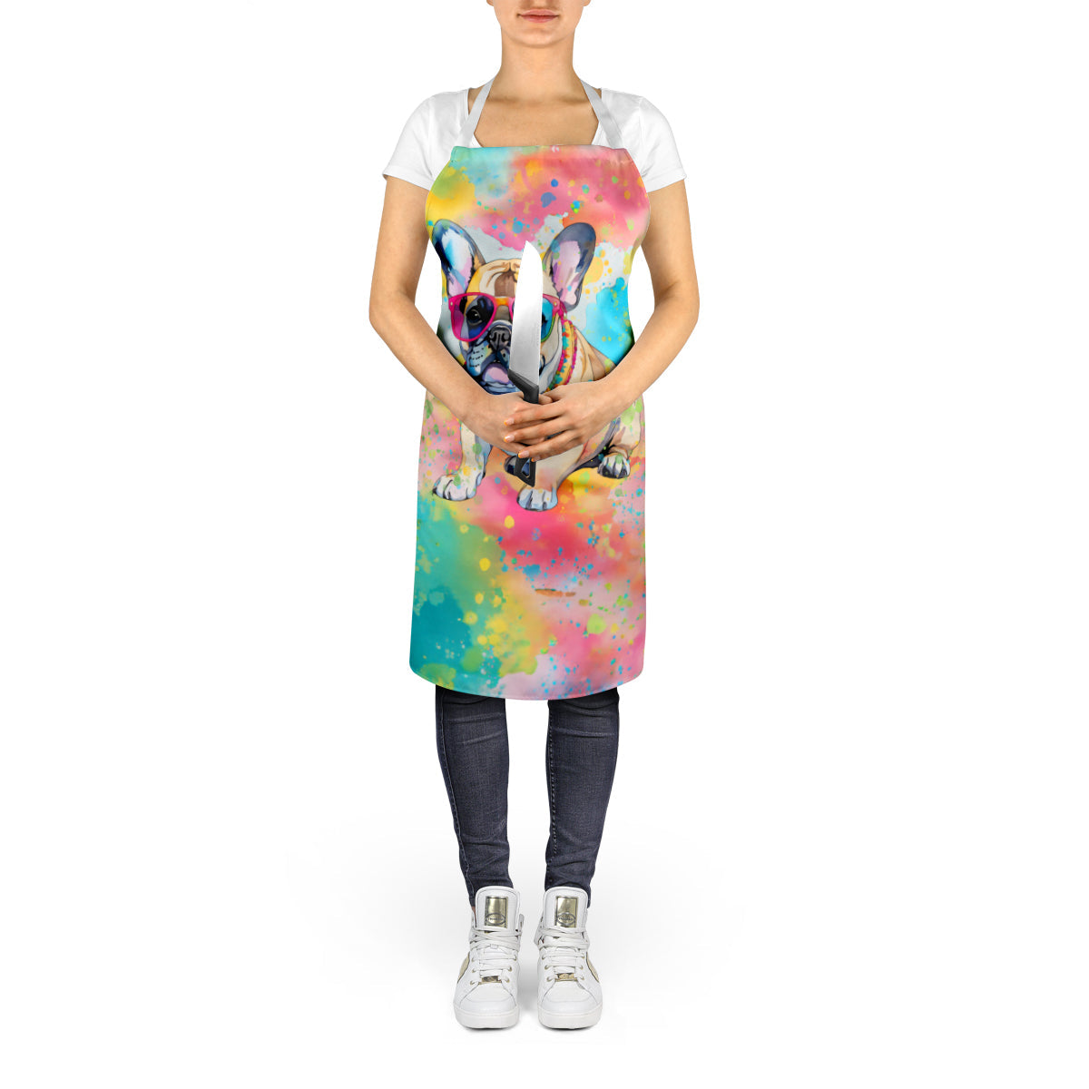 French Bulldog Hippie Dawg Apron Cooking Kitchen Server Baking Crafts Gardening for Adult Women Men, Unisex, Large, Multicolor