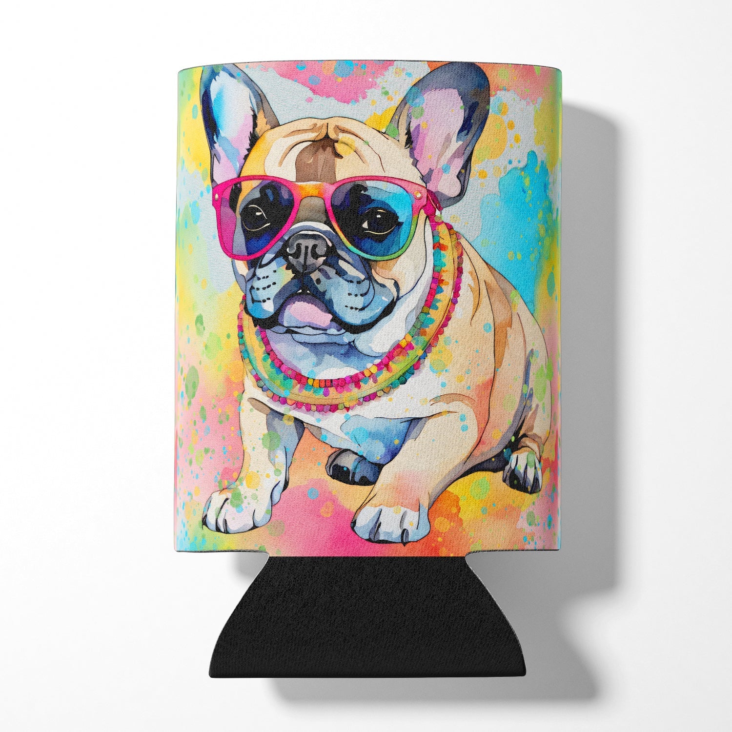French Bulldog Hippie Dawg Can or Bottle Hugger Cooler Sleeve for Standard 12 oz Cans, Insulated Foam Beer & Soda Can Hugger Reusable