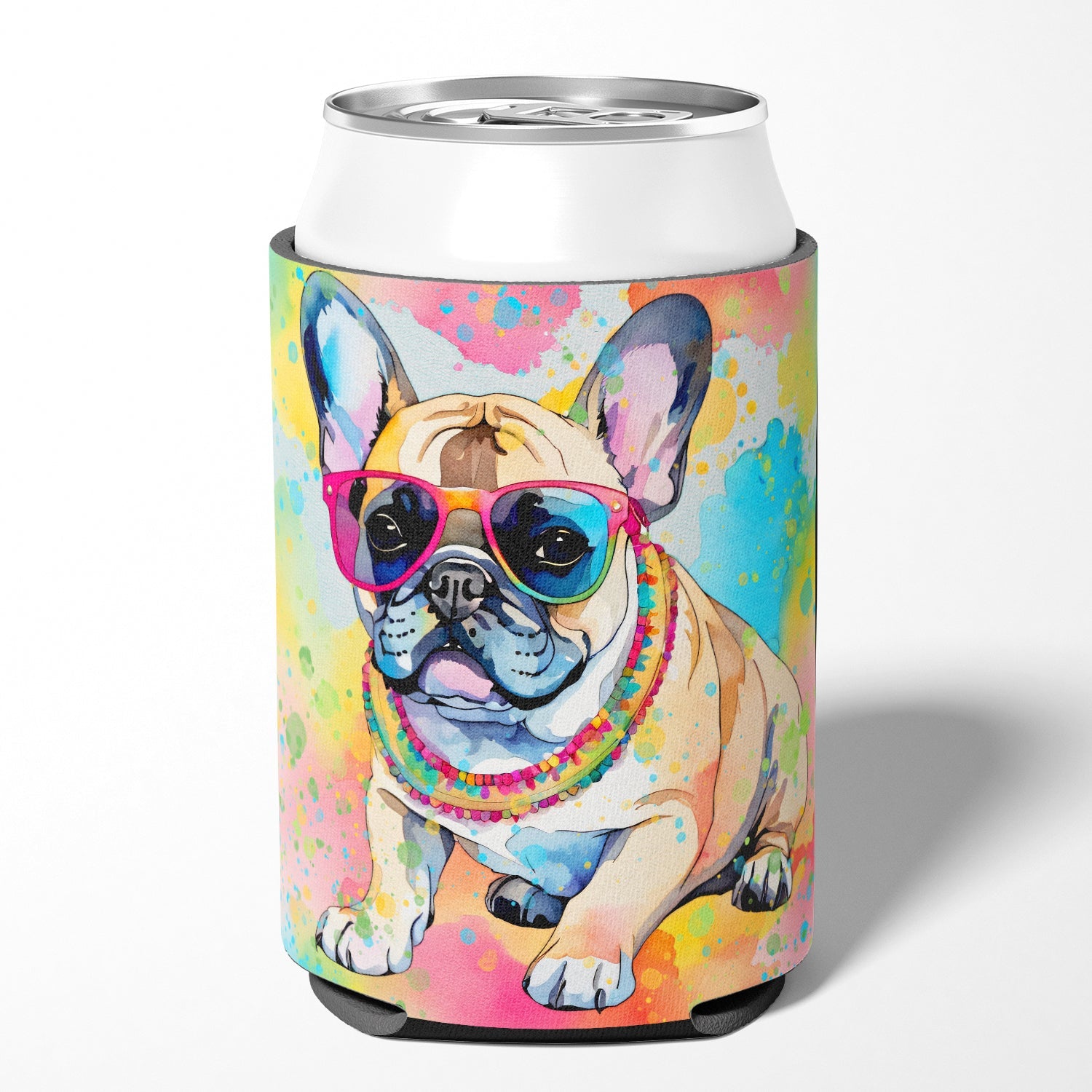 French Bulldog Hippie Dawg Can or Bottle Hugger Cooler Sleeve for Standard 12 oz Cans, Insulated Foam Beer & Soda Can Hugger Reusable