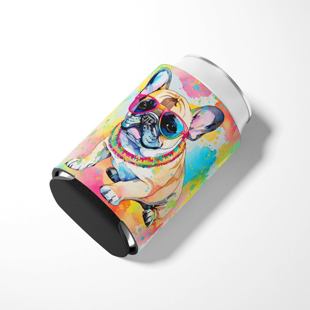 French Bulldog Hippie Dawg Can or Bottle Hugger Cooler Sleeve for Standard 12 oz Cans, Insulated Foam Beer & Soda Can Hugger Reusable