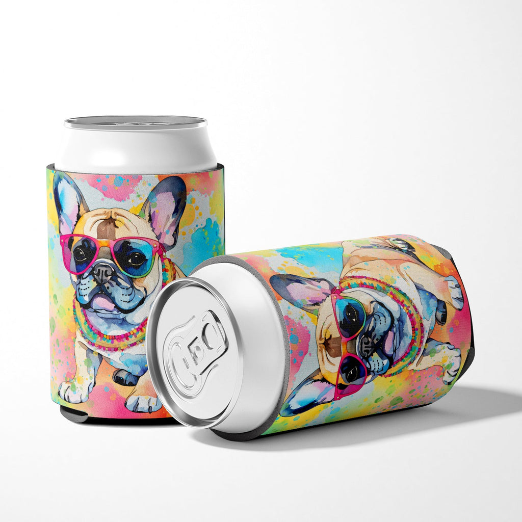 French Bulldog Hippie Dawg Can or Bottle Hugger Cooler Sleeve for Standard 12 oz Cans, Insulated Foam Beer & Soda Can Hugger Reusable