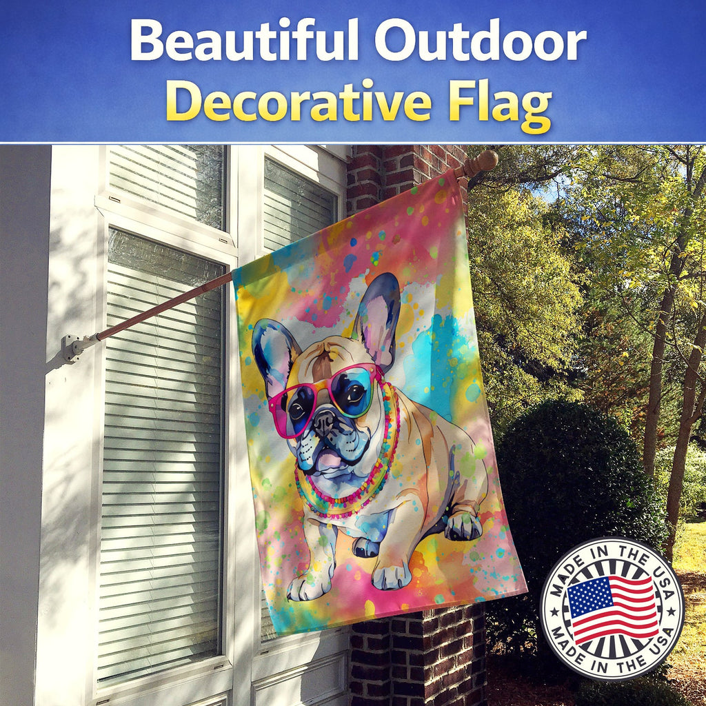 French Bulldog Hippie Dawg House Flag 28x40 Porch Sleeve Pole Decorative Outside Yard Banner Artwork Wall Hanging, Polyester