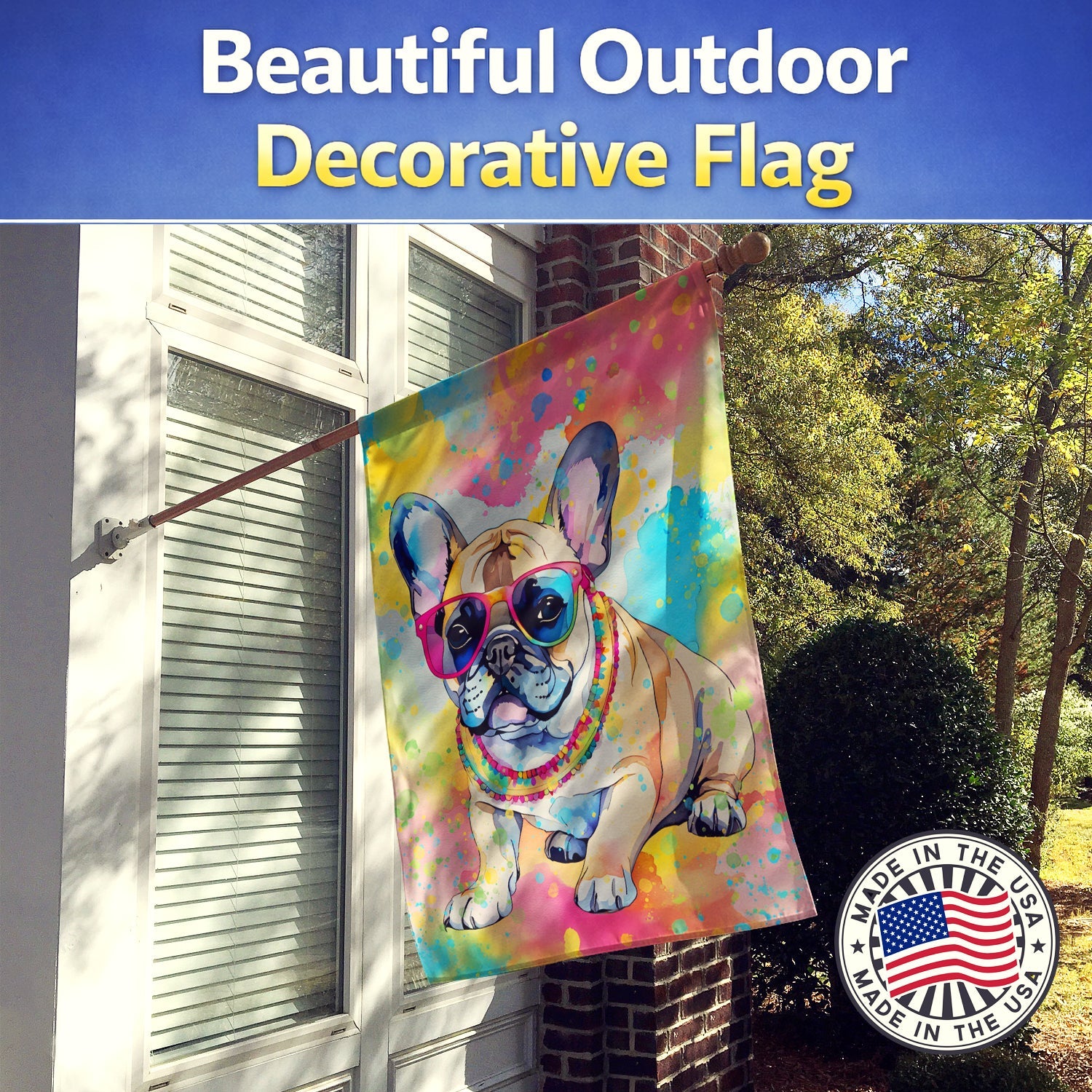 French Bulldog Hippie Dawg House Flag 28x40 Porch Sleeve Pole Decorative Outside Yard Banner Artwork Wall Hanging, Polyester