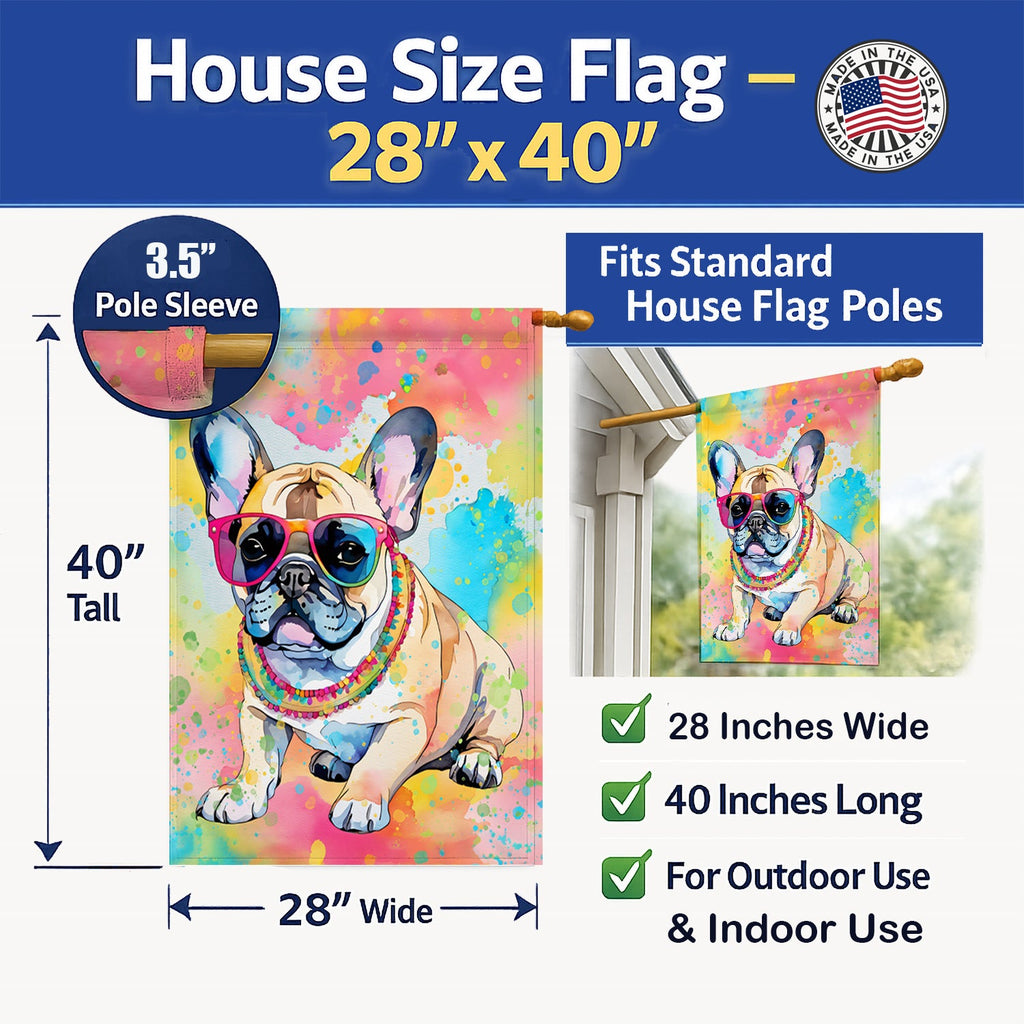 French Bulldog Hippie Dawg House Flag 28x40 Porch Sleeve Pole Decorative Outside Yard Banner Artwork Wall Hanging, Polyester