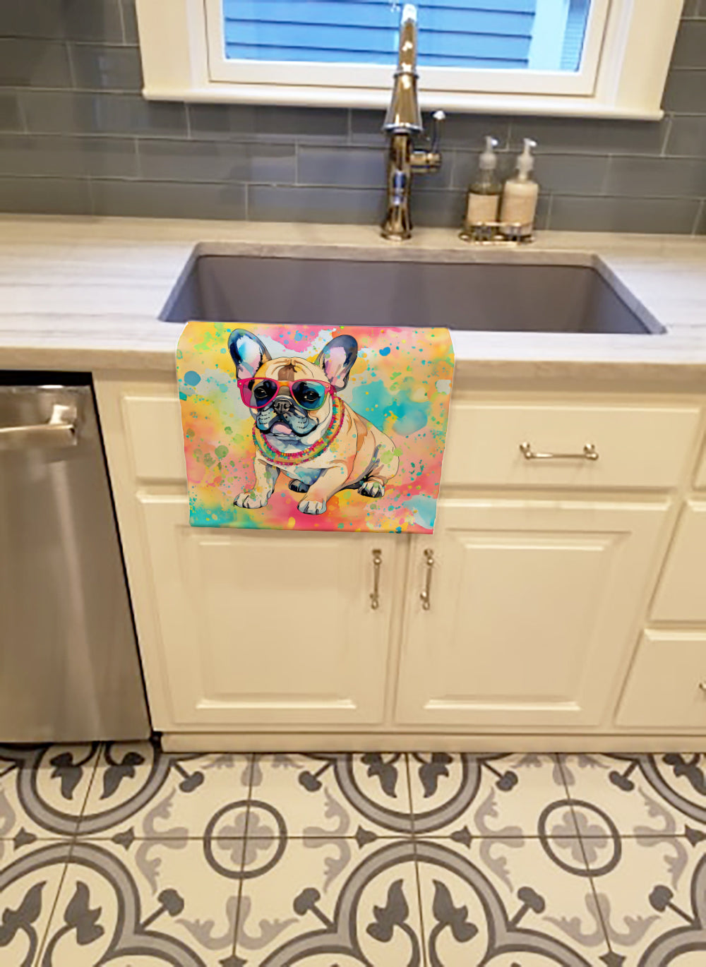 French Bulldog Hippie Dawg Kitchen Towel Velour Plush Front and Cotton Loop Back Machine Washable