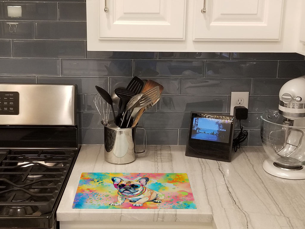 French Bulldog Hippie Dawg Cutting Board Tempered Glass Kitchen Cutting Surface, Heat Resistant Chopping, Non-Slip Feet, Food Prep & Serving