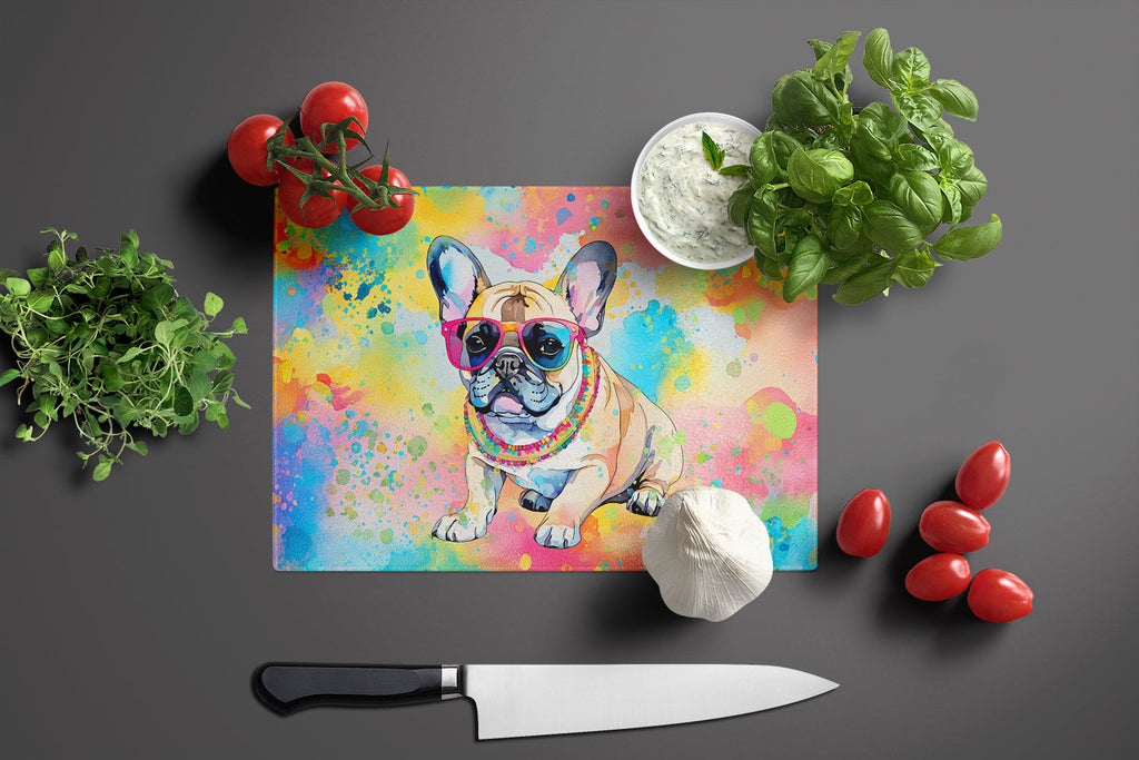 French Bulldog Hippie Dawg Cutting Board Tempered Glass Kitchen Cutting Surface, Heat Resistant Chopping, Non-Slip Feet, Food Prep & Serving
