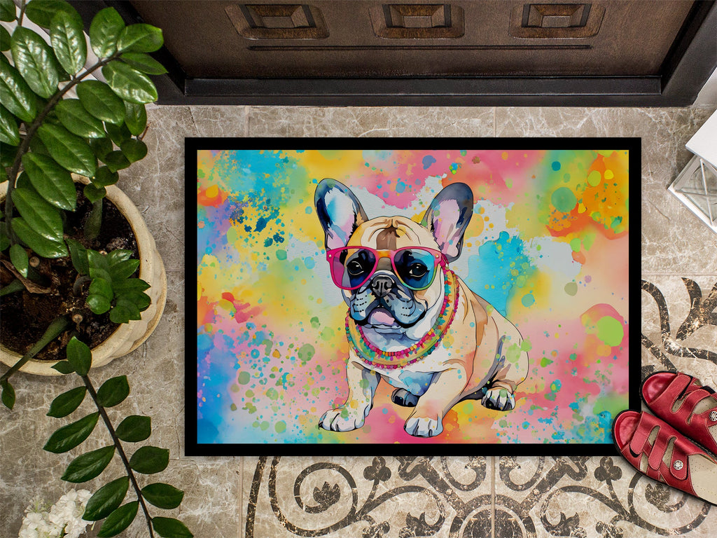 French Bulldog Hippie Dawg Doormat Indoor Outdoor 18H X 27W Front Door Mat Rugs for Entryway, Non Slip Washable