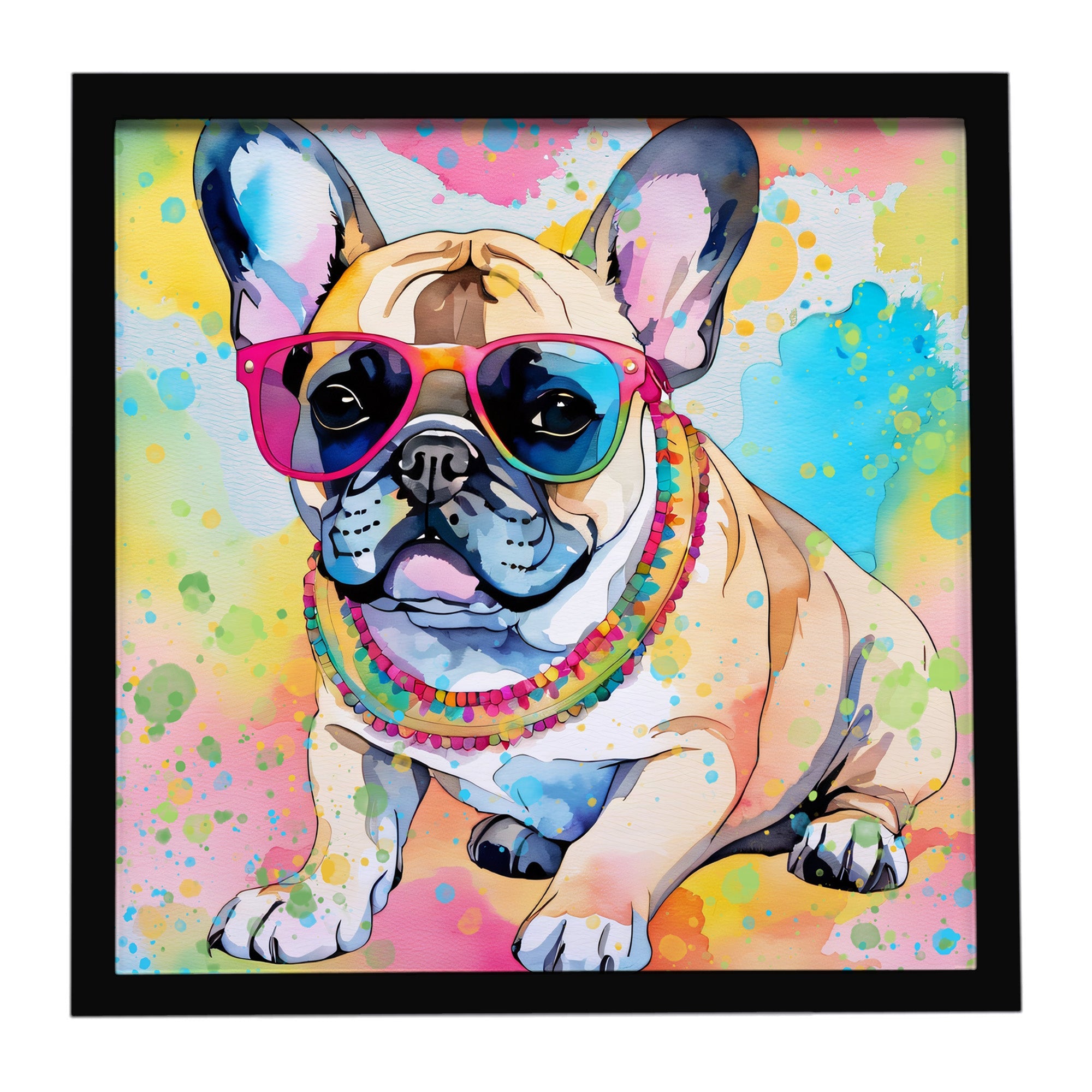 French Bulldog Hippie Dawg Framed Metal Print Bathroom, Kitchen, Office, Home Decor Wall Art Ready to Hang, Square, 8X8