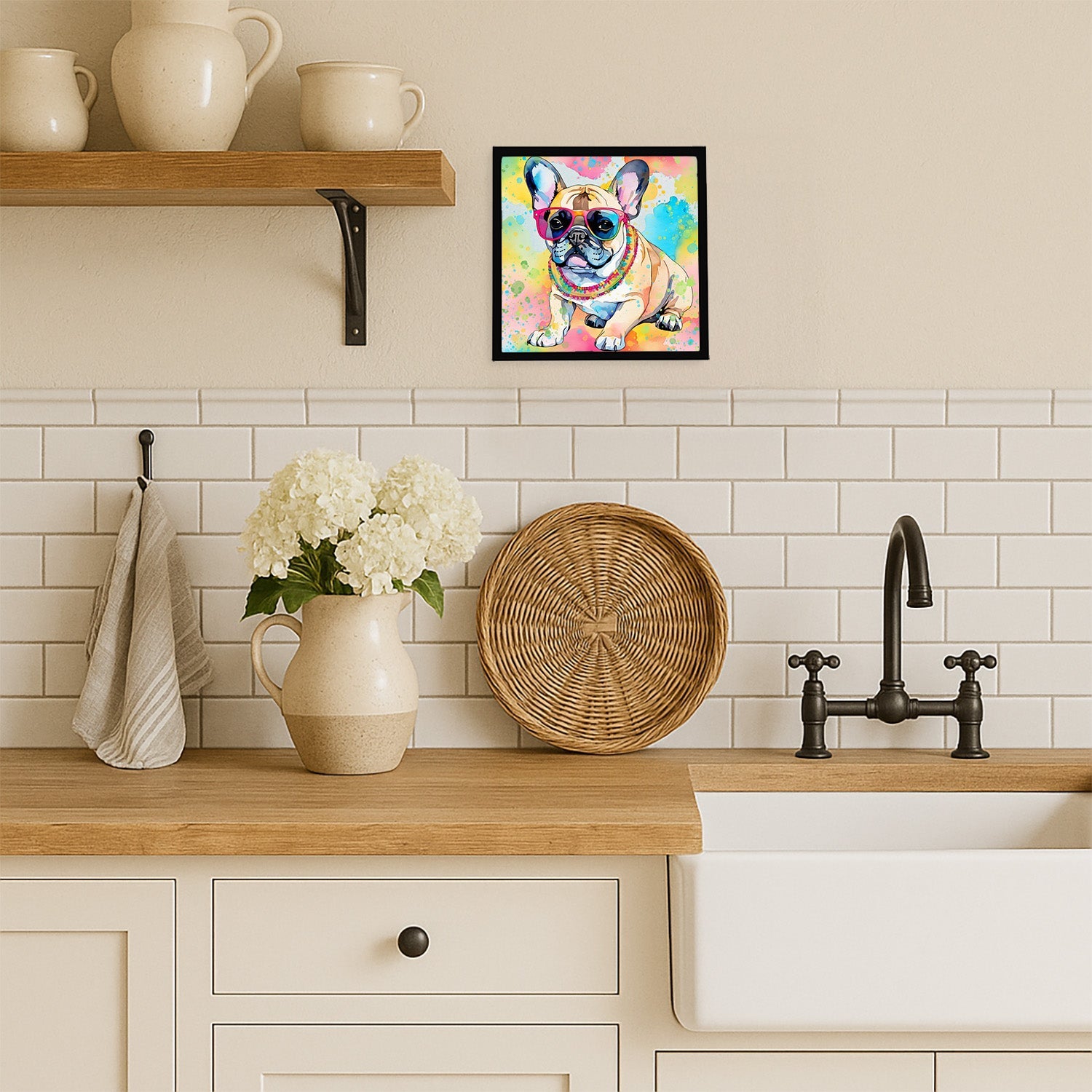 French Bulldog Hippie Dawg Framed Metal Print Bathroom, Kitchen, Office, Home Decor Wall Art Ready to Hang, Square, 8X8