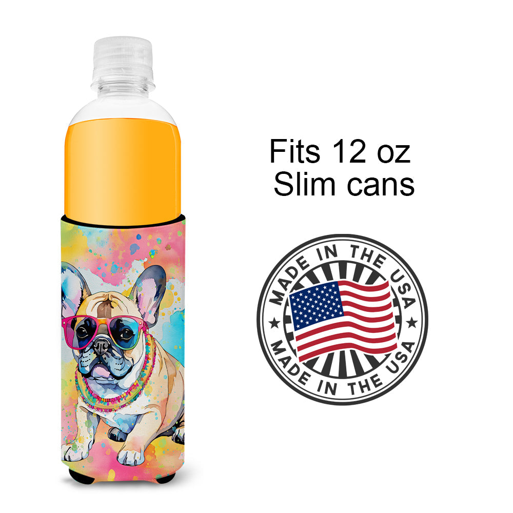 French Bulldog Hippie Dawg Slim Can Hugger , Insulated Foam Hugger for 12 oz Slim Cans, Beer Bottles & Water Bottles, Printed in USA