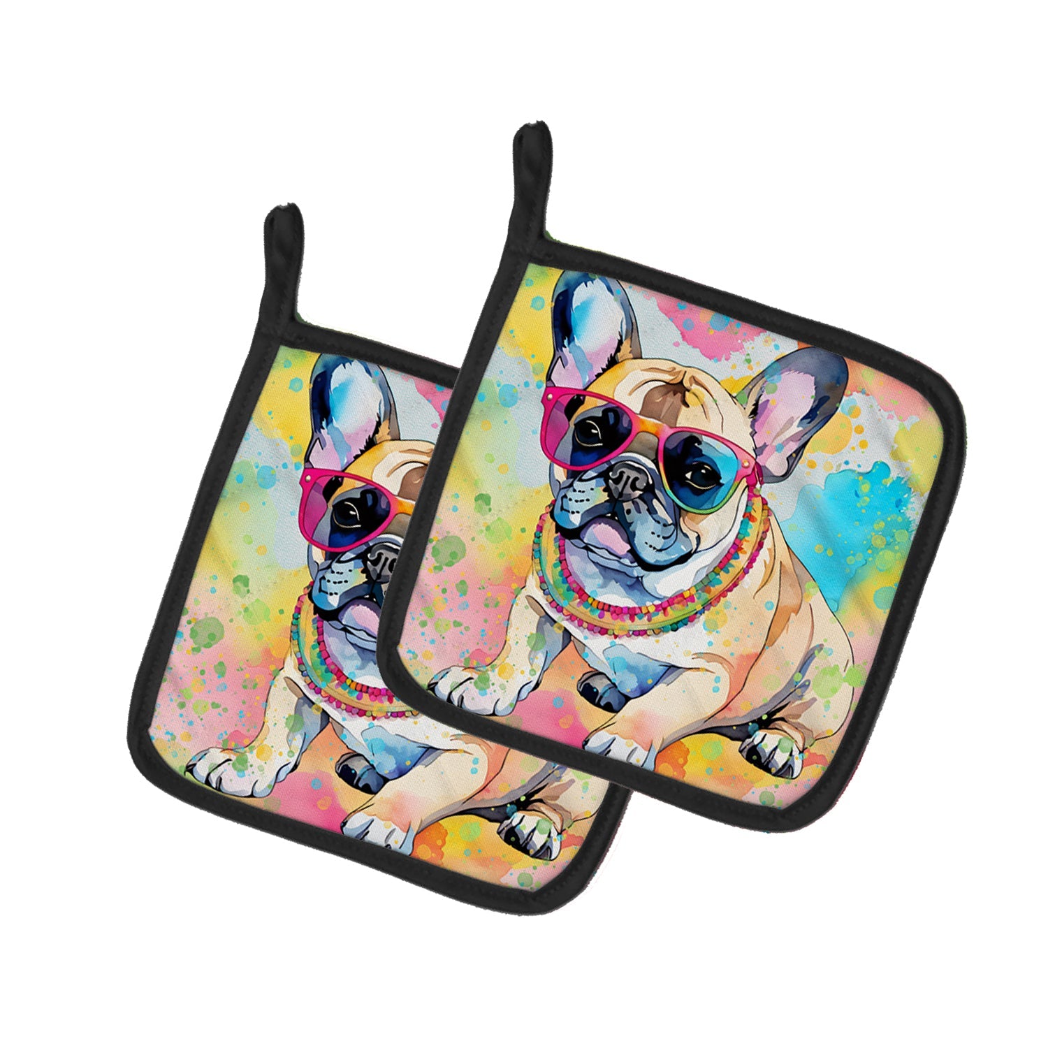 French Bulldog Hippie Dawg Pot Holder Set of 2 Heat Resistant Quilted Hot Pads 7.5 x 7.5 Inch, Insulated Kitchen Trivets for Cooking & Baking