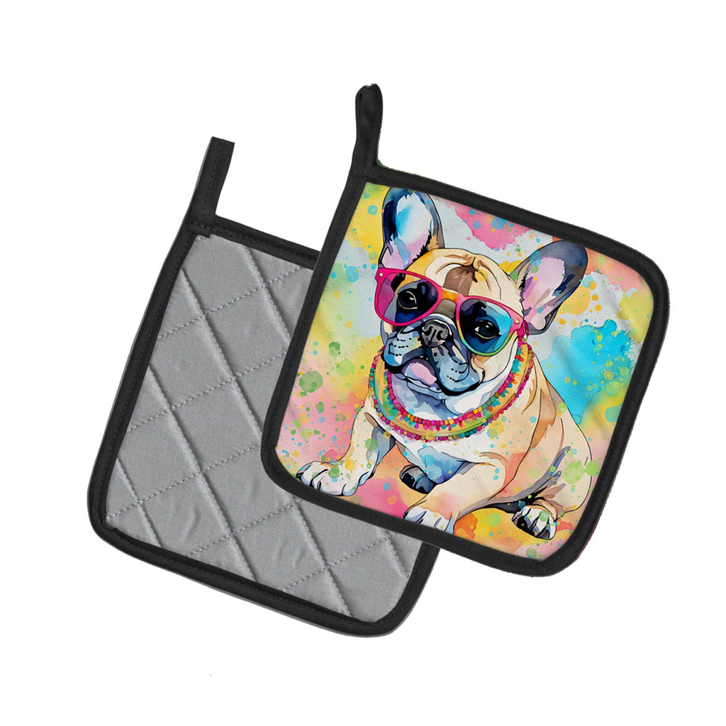 French Bulldog Hippie Dawg Pot Holder Set of 2 Heat Resistant Quilted Hot Pads 7.5 x 7.5 Inch, Insulated Kitchen Trivets for Cooking & Baking
